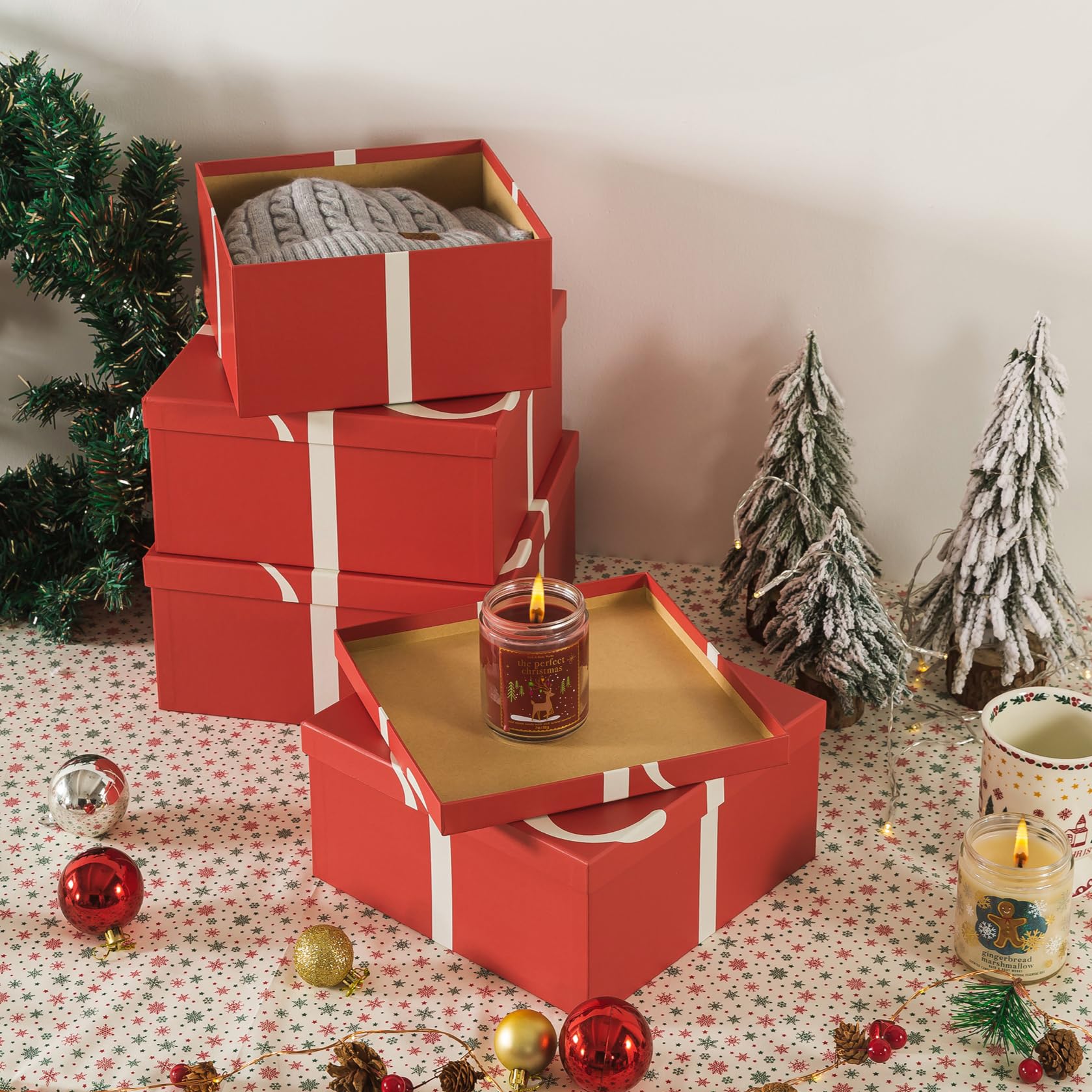 Soul & Lane Christmas Square Decorative Gift Boxes with Lids - Set of 4 Reusable Nesting Holiday Storage Containers in Festive Red | Perfect for Present Wrapping, Home Décor, Party Favors and Seasonal Organization