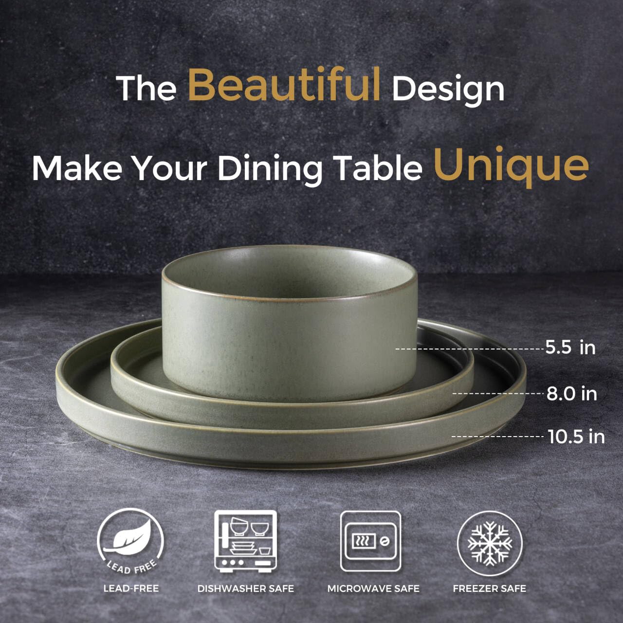 GBHOME 16-Piece Ceramic Dinnerware Set for 8 - Stoneware Plates & Bowls, Chip & Scratch Resistant, Dishwasher/Microwave/Oven Safe, Reactive Glaze Green - Perfect for Family Dinners, Restaurants & Holiday Entertaining