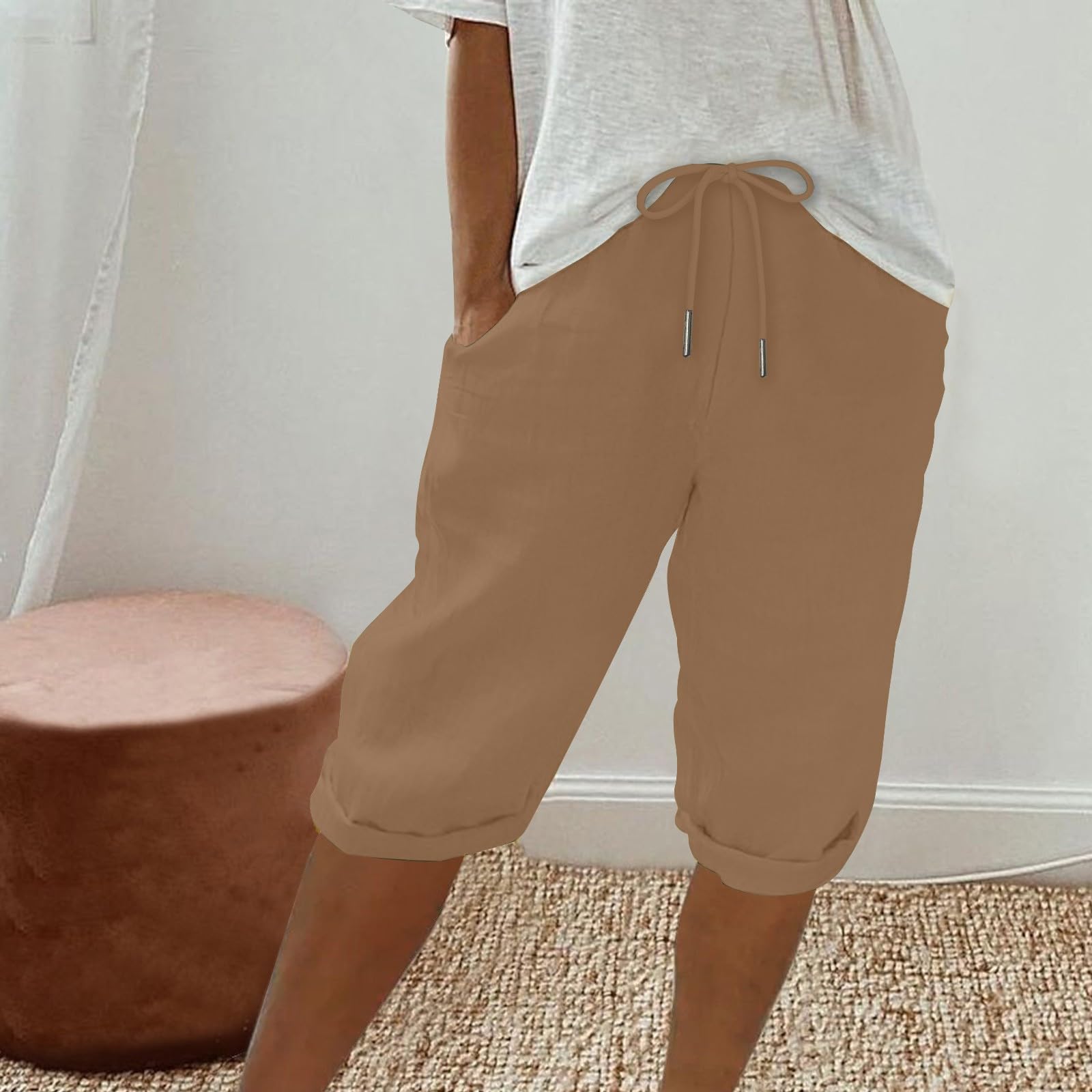 Women's Linen Bermuda Shorts - High Waisted Summer Shorts with Pockets for Beach & Lounge