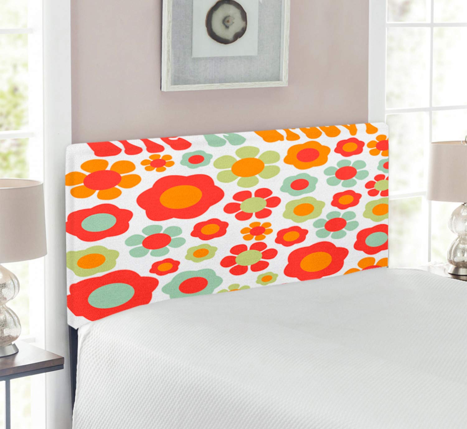 Ambesonne Retro Floral Headboard - Twin Size Upholstered Metal Bed Frame with Memory Foam in Mint Green, Orange & Red | Vintage Home Decor for Bedroom, Guest Room & Dorm