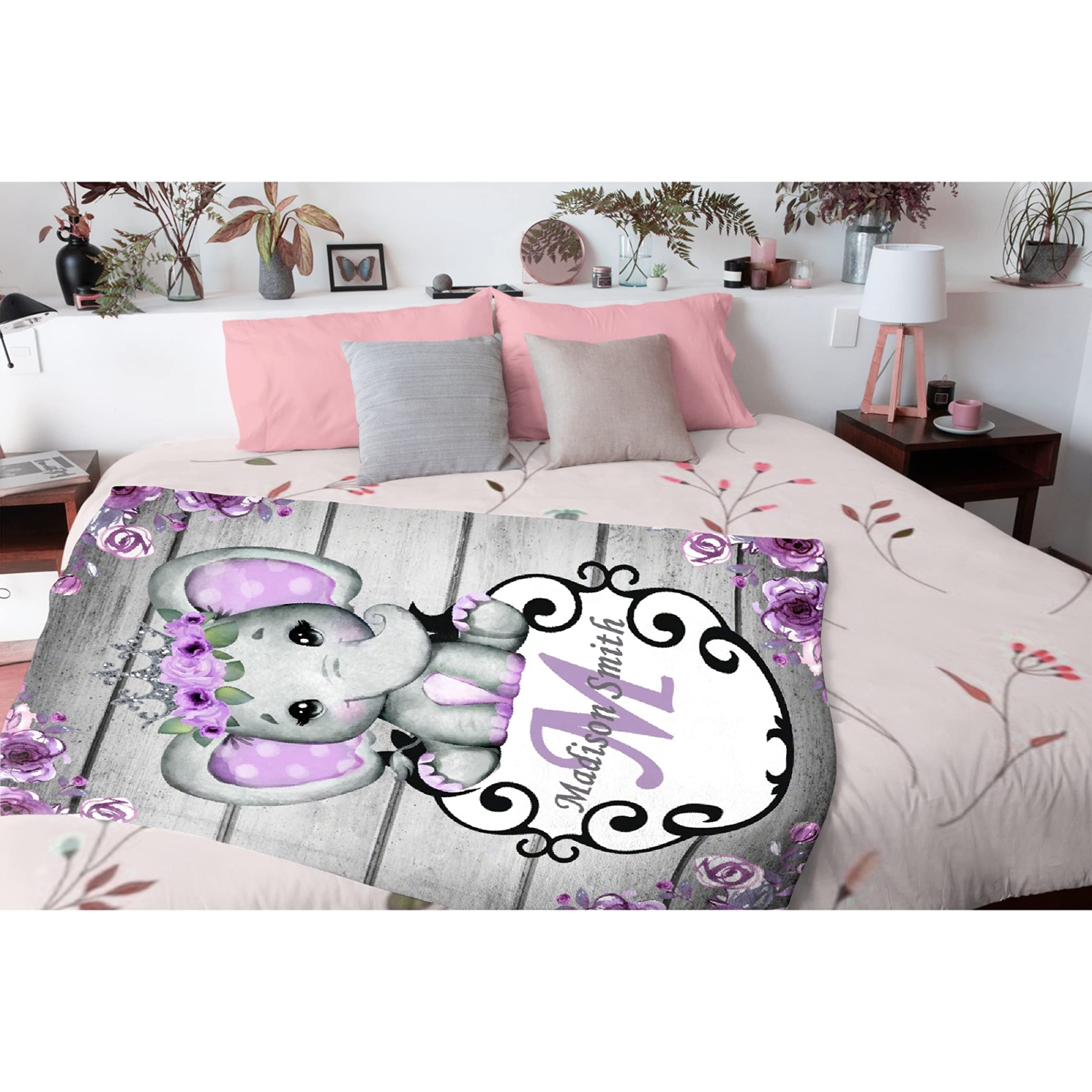 Personalized Baby Blanket with Name - Purple Floral Elephant Design Custom Fleece Blanket for Boys & Girls | Baby Shower, Birthday Gift for Daughter, Granddaughter, Niece | 120x90 Inch Large Soft Blanket for Nursery, Stroller, Travel & Family Cuddles