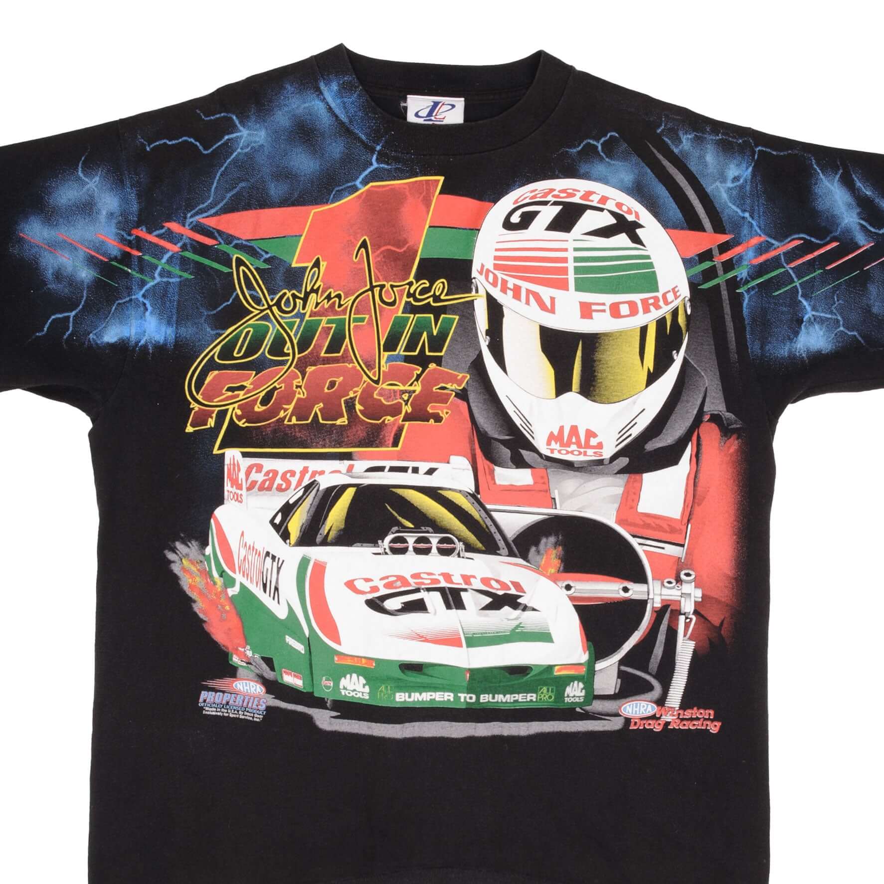 Vintage NHRA John Force 1990s Racing T-Shirt - Large Size, Allover Print, Made in USA - Perfect for Motorsport Fans & Retro Fashion Enthusiasts