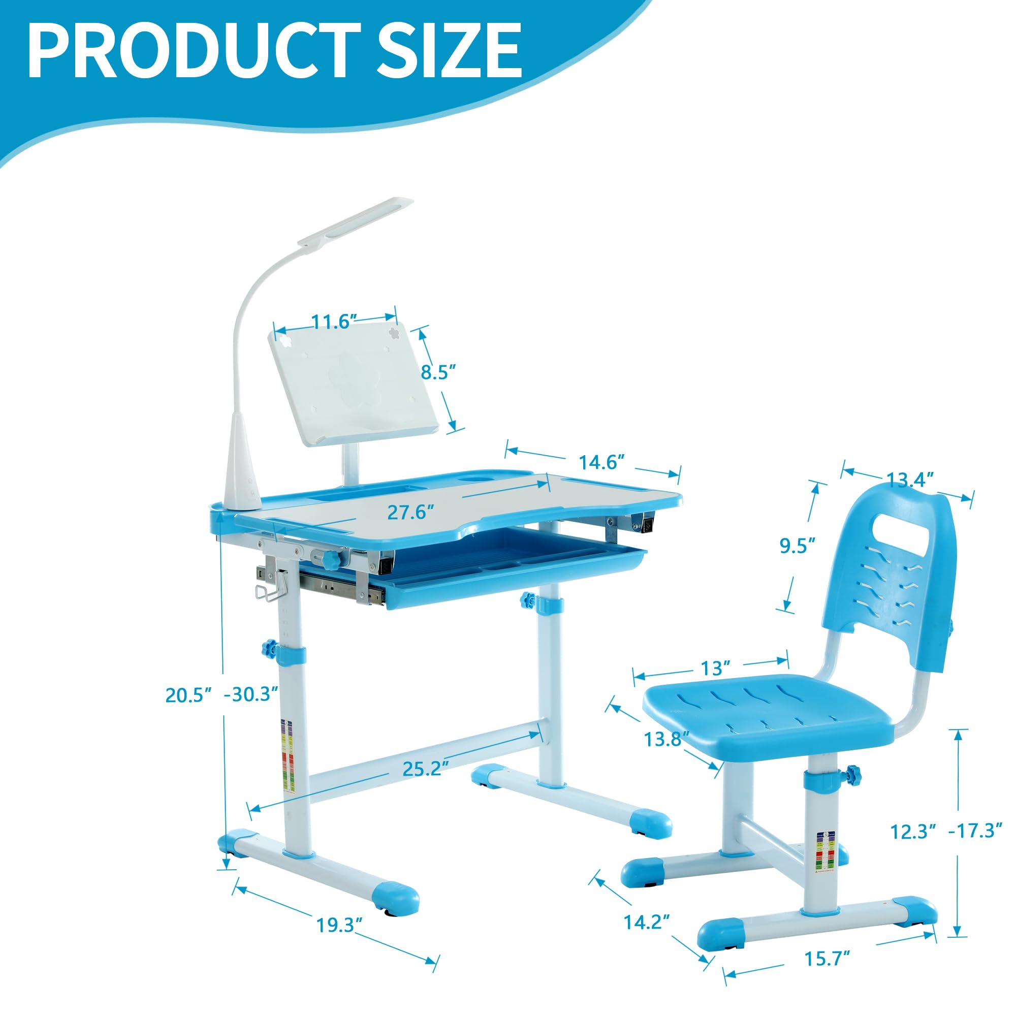 Ergonomic Adjustable Kids Study Desk and Chair Set with LED Light, Book Stand, Storage Drawer & Metal Hook - Perfect for Home Schooling, Online Learning & Homework Station (Blue)