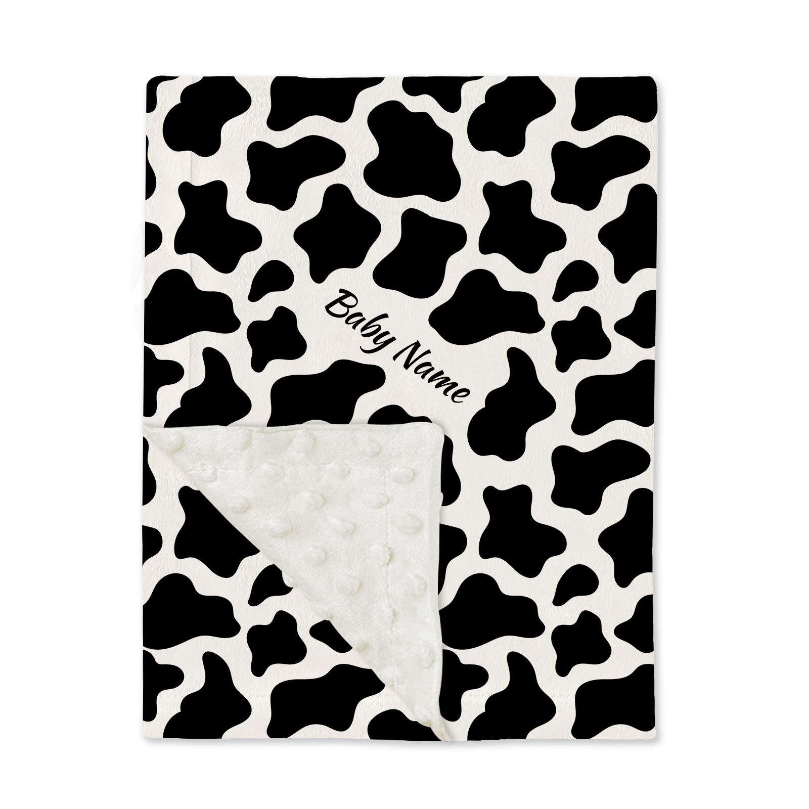 Personalized Baby Name Blanket - Soft Cow Print Minky Dot Fleece Blanket for Boys & Girls (30