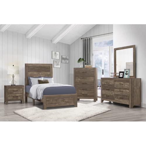 Solid Wood Twin Platform Bed with High Headboard - Rustic Brown Finish Wooden Bed Frame - Panel Headboard & Footboard - Wood Slat Support - Perfect for Small Bedrooms, Guest Rooms & Dorm Rooms