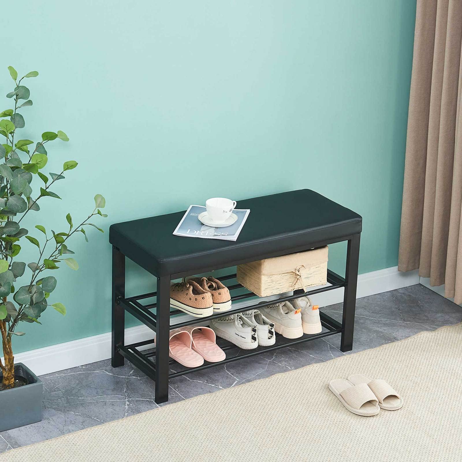 Lazyspace Double Layer Shoe Rack with Cushion Seat - Multifunctional Storage Bench for Living Room, Bedroom & Hallway - Shoe Organizer & Bed End Bench (Black) | Perfect for Entryway Storage & Small Space Organization