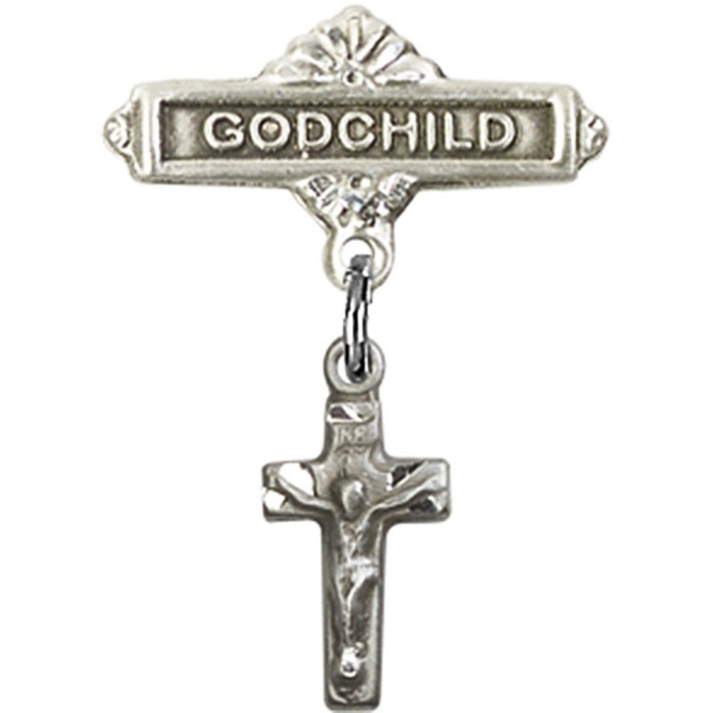 Bonyak Jewelry Sterling Silver Saint Medal with Crucifix Charm - Godchild Badge Pin (7/8