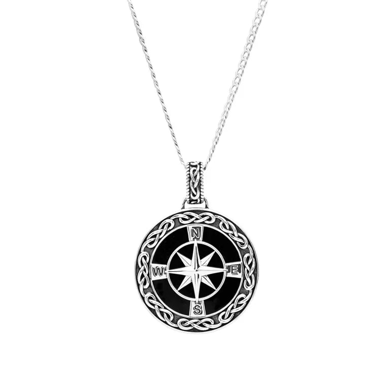 Black Onyx Sterling Silver Men’s Celtic Compass North Star Necklace – Perfect for Gifts, Spiritual Protection & Viking Style Jewelry