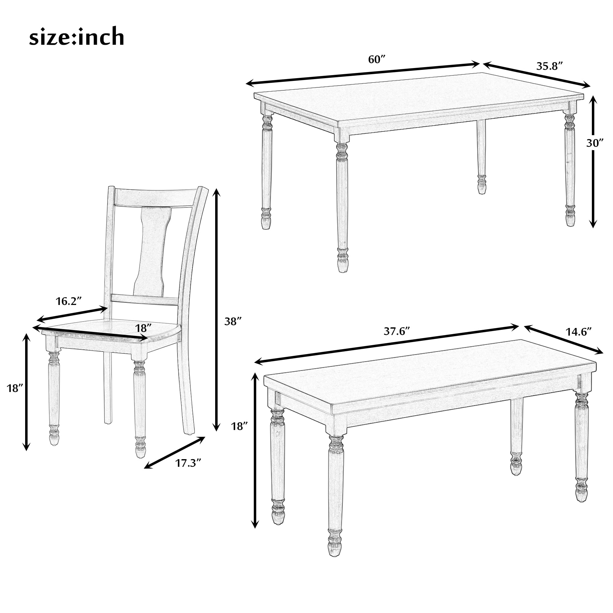 6-Piece Farmhouse Dining Table Set with Bench - Rectangular Kitchen Table & 4 Chairs for 6 People | Rustic Home Decor for Dining Room, Breakfast Nook & Small Space Gatherings