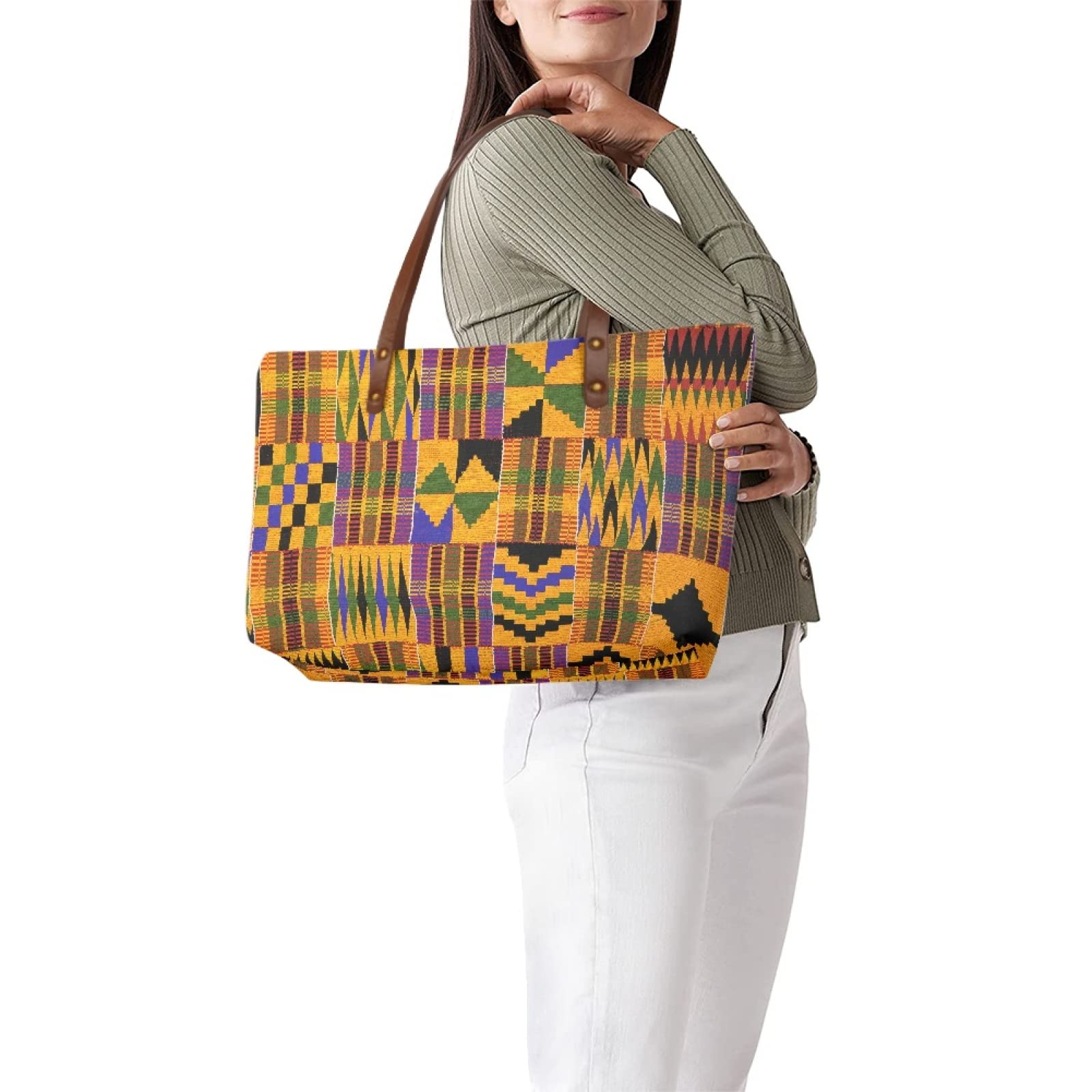 African Tribal Print Women's Tote Shoulder Bag - Ethnic Handmade Casual Purse for Work, Travel & Beach Day