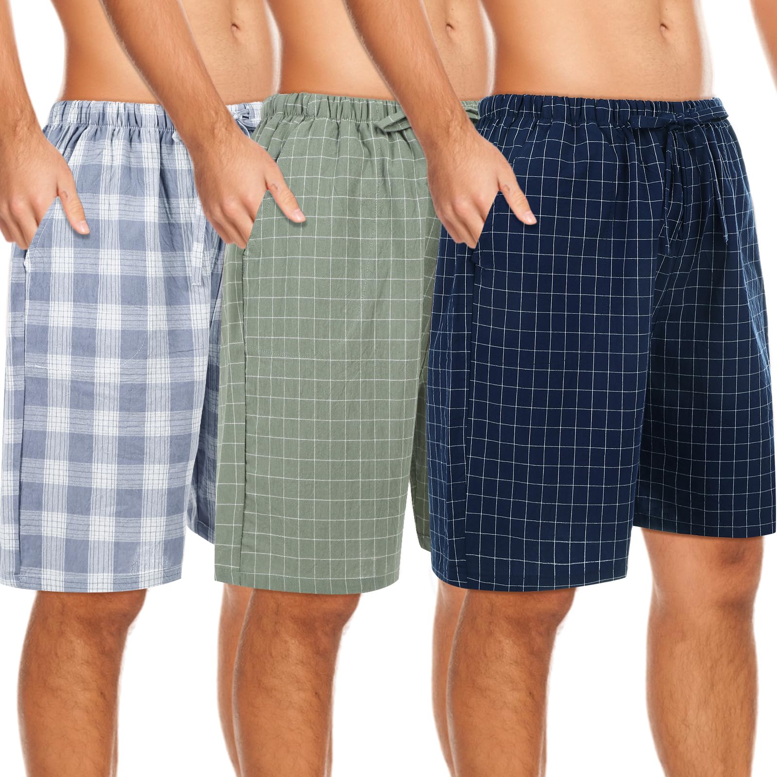 3 Pack Men's Cotton Pajama Shorts - Soft Woven Sleepwear with Drawstring & Pockets - Perfect for Lounging, Sleeping & Summer Comfort