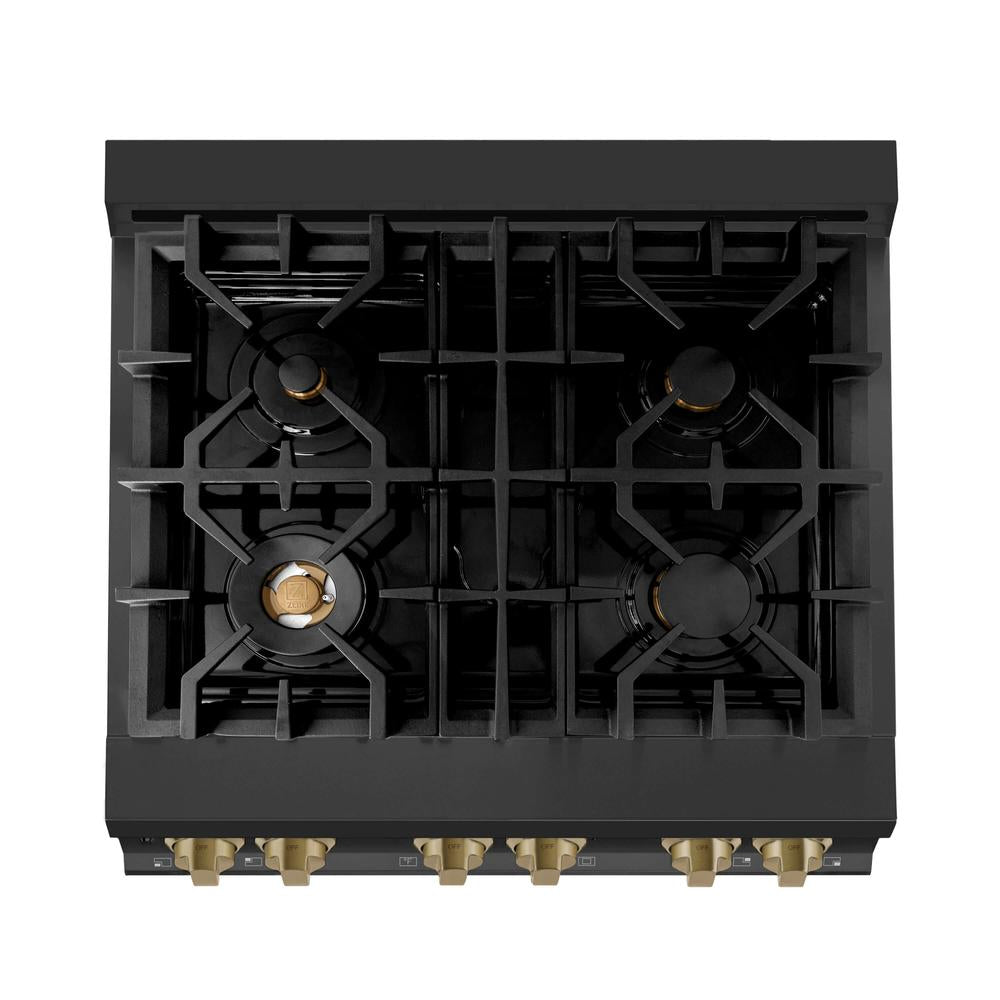 ZLINE Autograph Edition 30-inch Black Stainless Steel Dual Fuel Range with Range Hood - Champagne Bronze Accents (2AKP RABRH30 CB) | Professional Kitchen Package for Home Chefs & Modern Cooking Enthusiasts