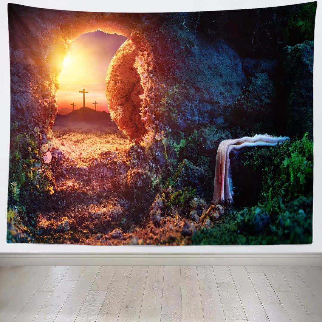 Jesus Tapestry Wall Decor - Empty Tomb & Crucifixion Art for Easter Church & Home