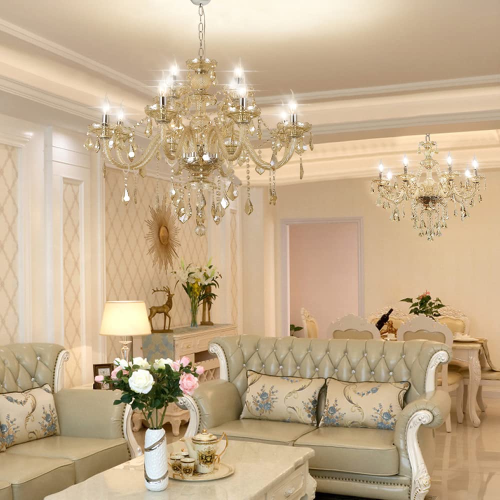 Modern Luxury K9 Crystal Chandelier - 12-Light Cognac Crystal Pendant Light Fixture with Candle Style Design for Dining Room, Hotel, Hallway, Bar & Restaurant Lighting | Elegant Ceiling Light for Wedding Venues, Luxury Homes & Fine Dining Establishments