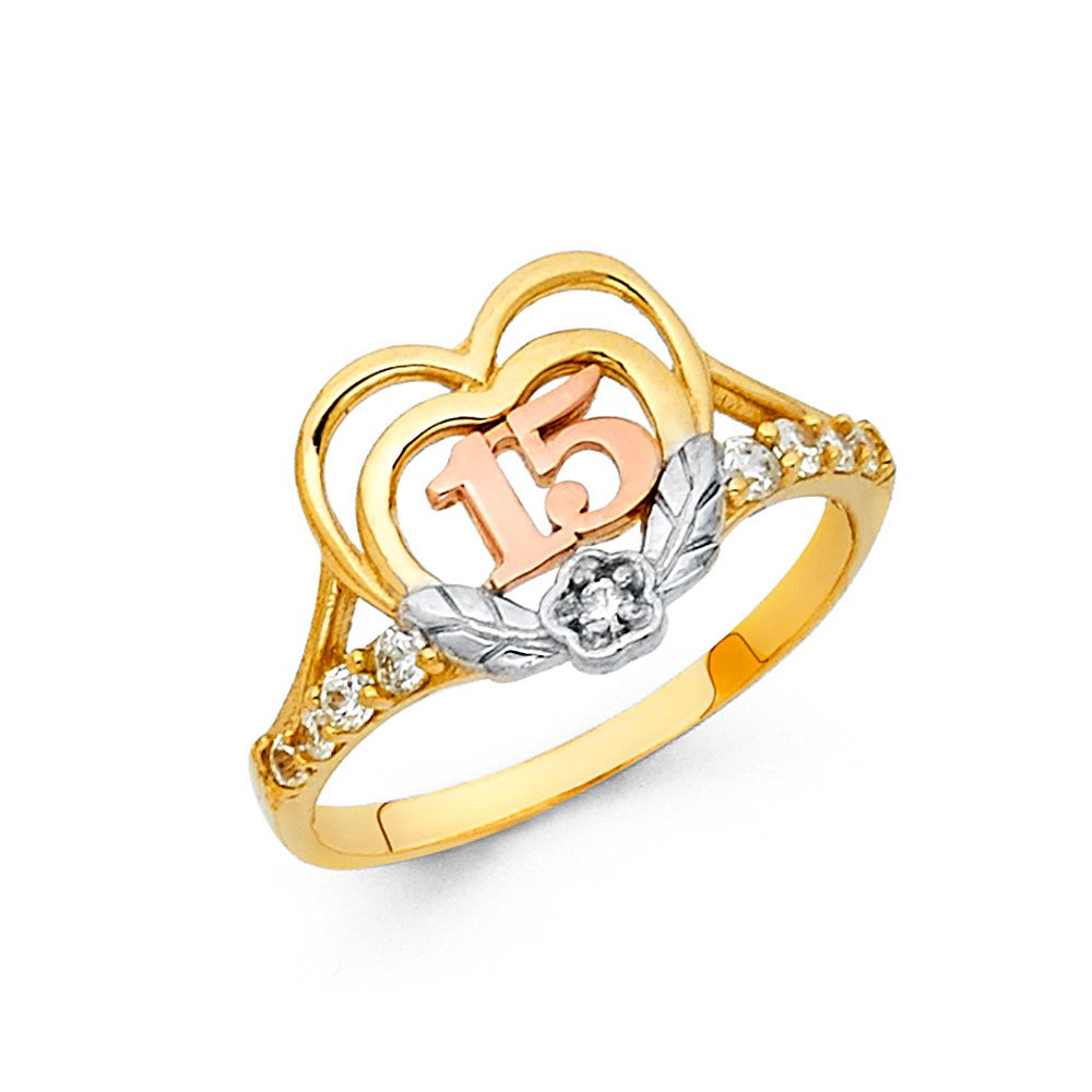 14K Tri-Color Gold Ring (White/Yellow/Rose) - Cubic Zirconia CZ Birthstone Jewelry for 15th Birthday, Quinceañera & Anniversary Gifts | Perfect for Sweet 16, Graduation & Special Occasions
