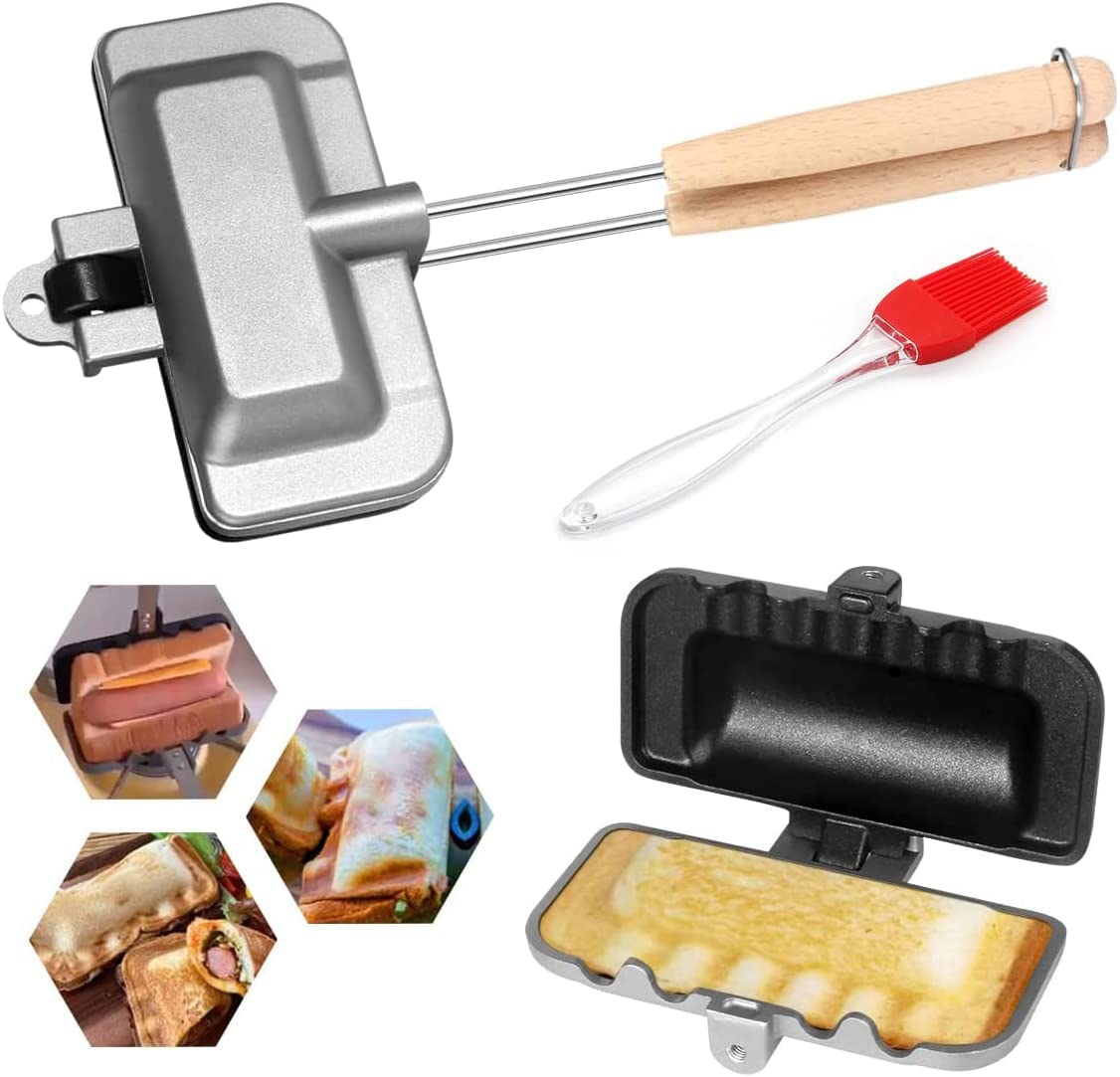 HOIRA Nonstick Double-Sided Sandwich Maker & Grill Pan - Perfect for Grilled Cheese, Hot Dogs, Pancakes & Breakfast Sandwiches - Black & Silver (Ideal for Quick Breakfasts, Camping & Family Cooking)