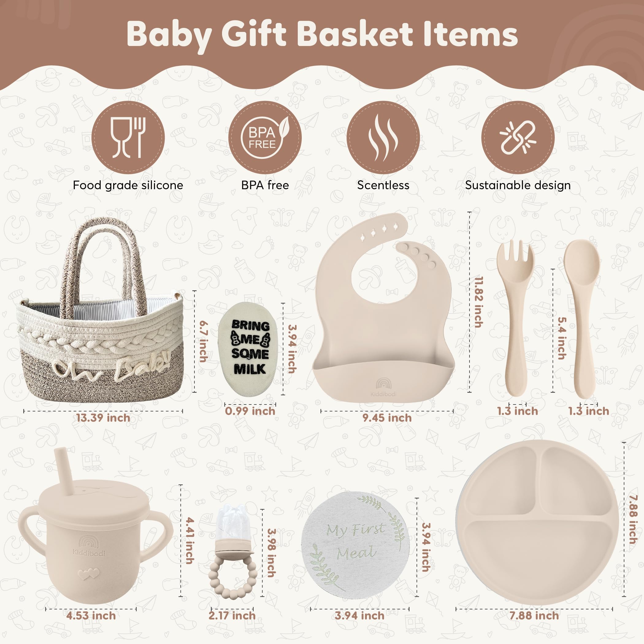 Kiddibodi® Baby Shower Gift Basket Set for Newborns - Gender Neutral Silicone Feeding Essentials with Suction Plate, Bib, Spoon, Sippy Cup & Pacifier Feeder in Natural Rope Basket - Perfect New Mom Gift for Birthdays, Showers and First Feedings