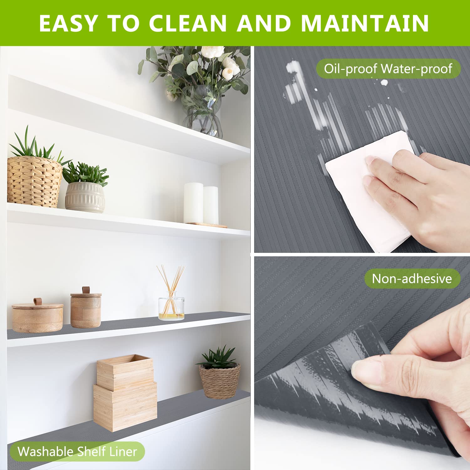 Non-Adhesive Drawer & Shelf Liner - Washable Refrigerator Mat, Odorless Plastic Pantry Organizer for Kitchen Cabinets, Cupboards, Wire Shelves & Shoe Storage (Gray, 17.5