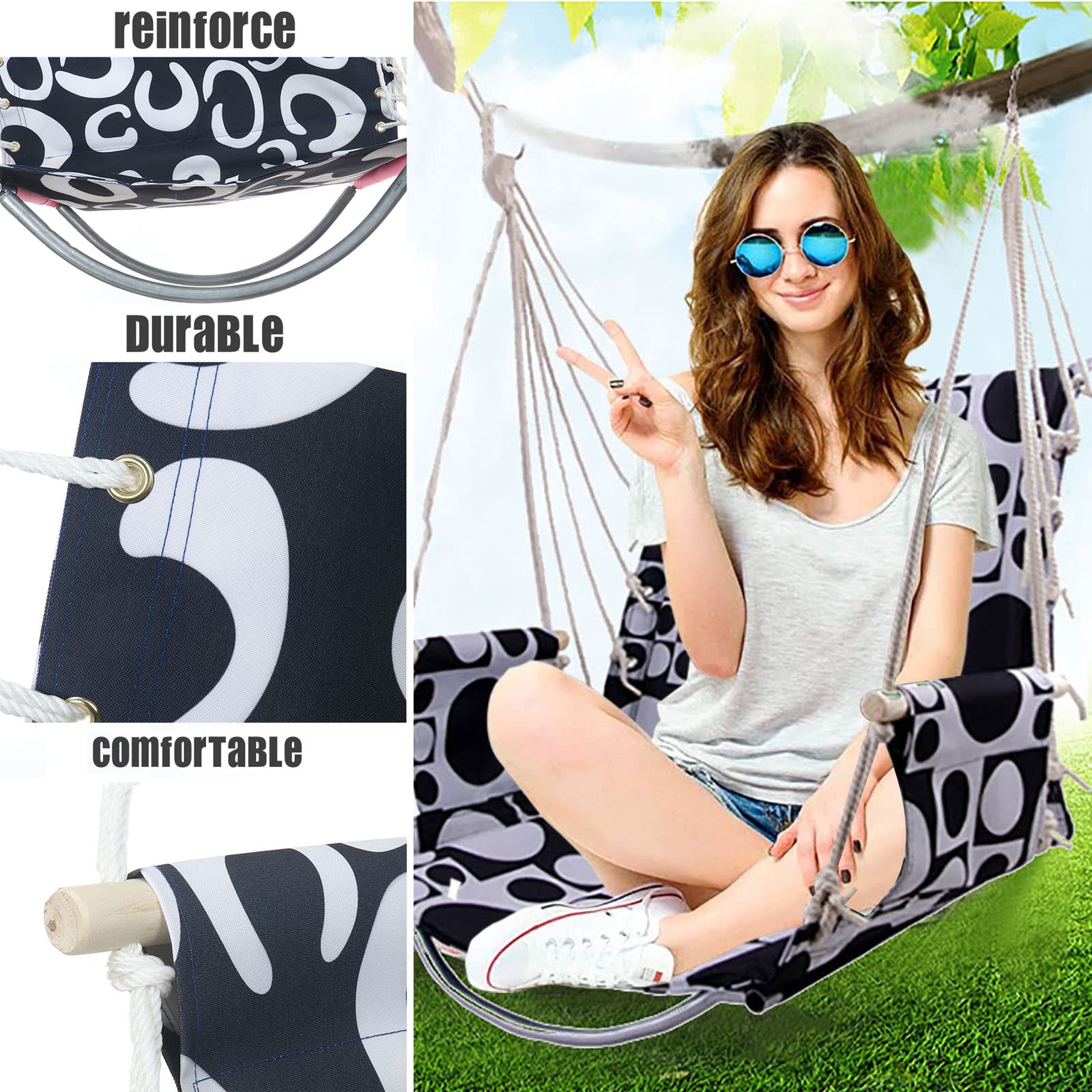 Premium Cotton Hammock Chair Swing with 2 Cushions - 330lbs Weight Capacity for Indoor/Outdoor Use - Perfect for Patio, Porch, Bedroom & Backyard Relaxation