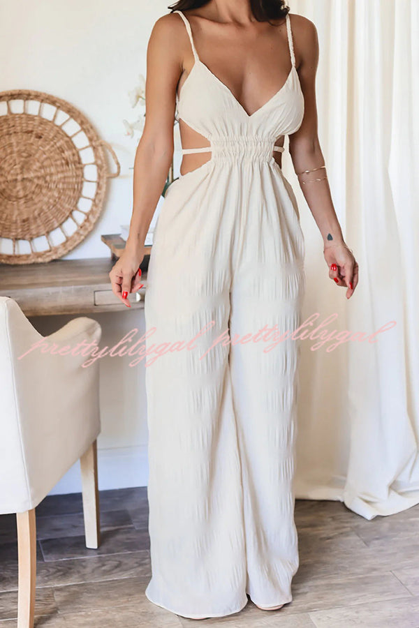 Stylish Crinkle Fabric Cut Out Backless Jumpsuit with Elastic Waist & Pockets - Perfect for Summer Vacations, Beach Getaways, and Night Out Parties