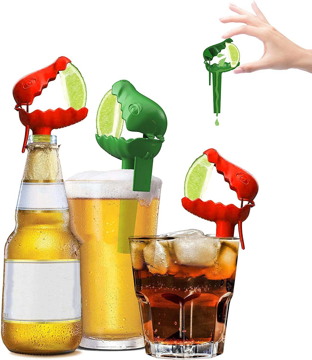 Clip-On Citrus Squeezer - 6-Pack Handheld Juicer for Limes & Lemons (3 Green + 3 Red) - Bar Accessories, Drink Garnish Tool, Perfect for Corona Beer, Cocktails & Party Decor - Great for Home Bars, Restaurants & Outdoor BBQs