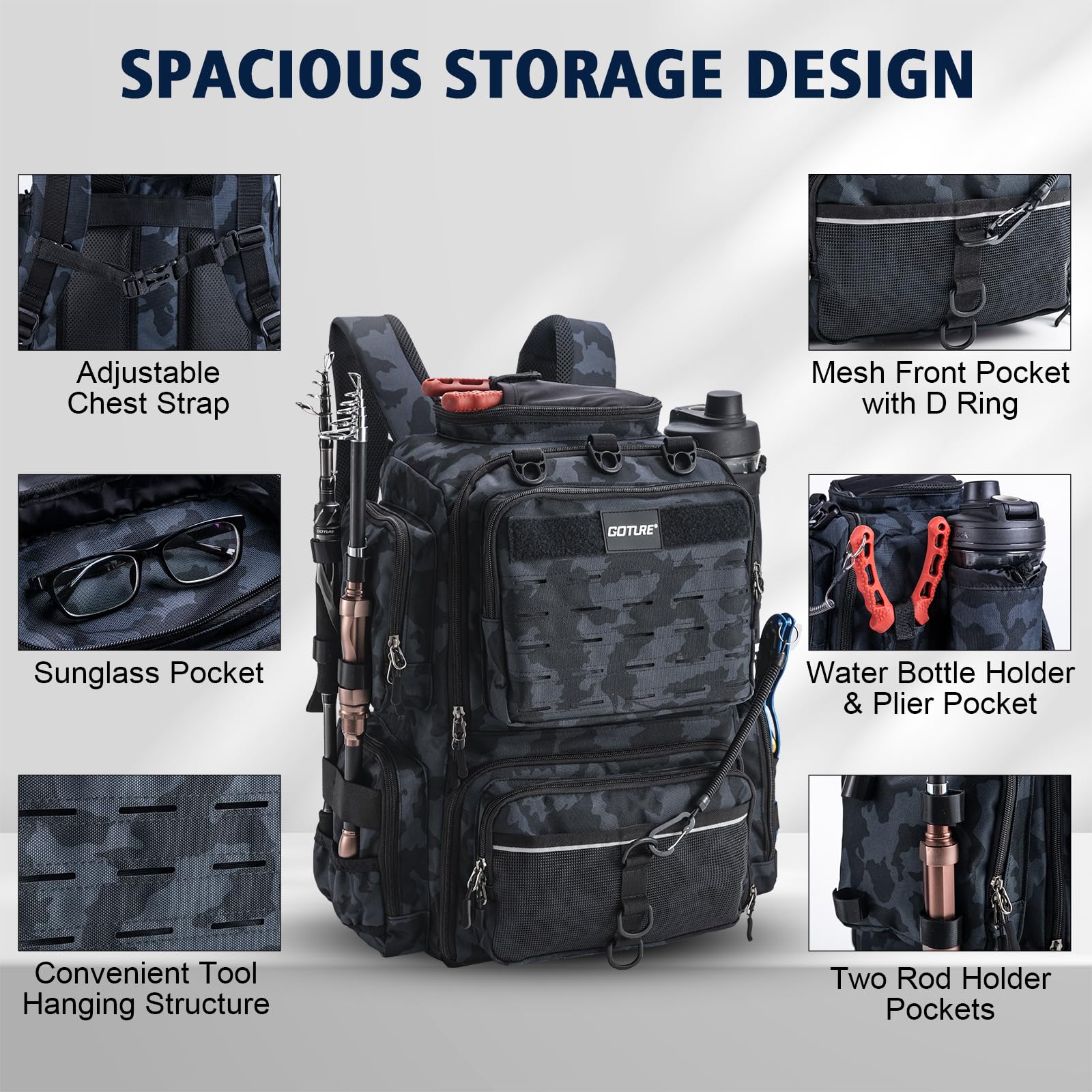 Goture 45L 600D Fishing Backpack with 4 Tackle Boxes & Rod Holders - Waterproof Large Fishing Gear Storage Bag with 8 Lure Pockets & Rain Cover - Perfect for Camping, Hiking, Bass Fishing and Outdoor Adventures
