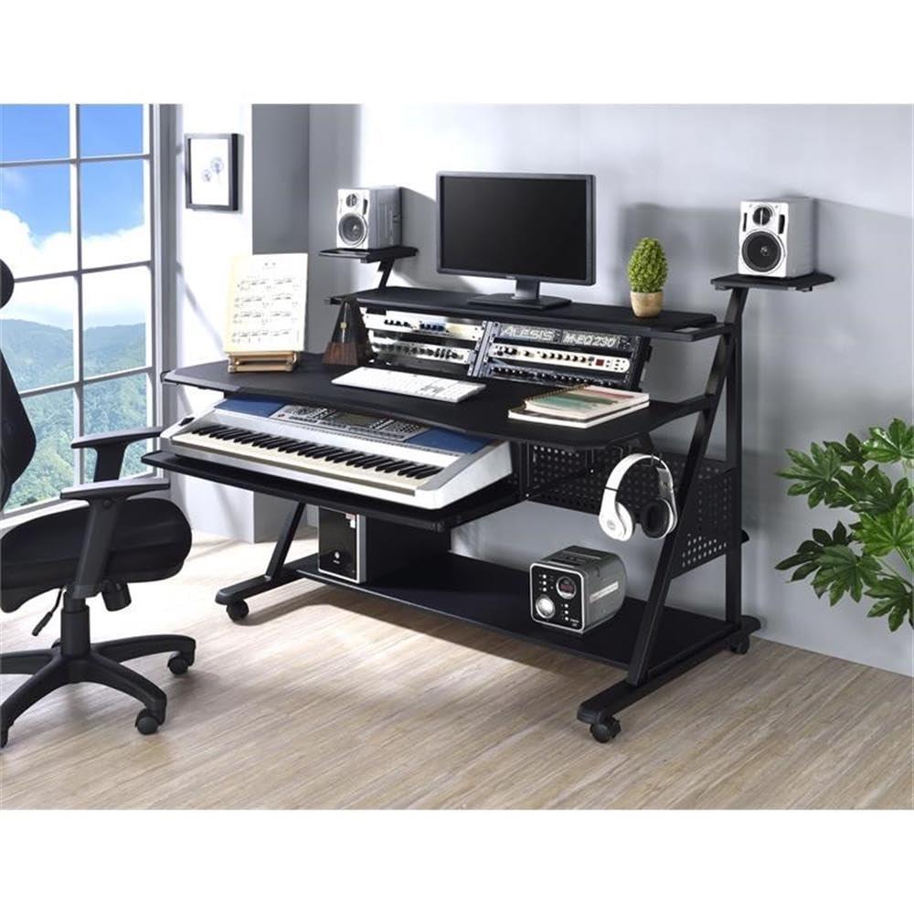 Acme Furniture Adjustable Metal & Wood Music Stand with Wheels - Portable Sheet Music Holder for Piano, Violin, Guitar - Black