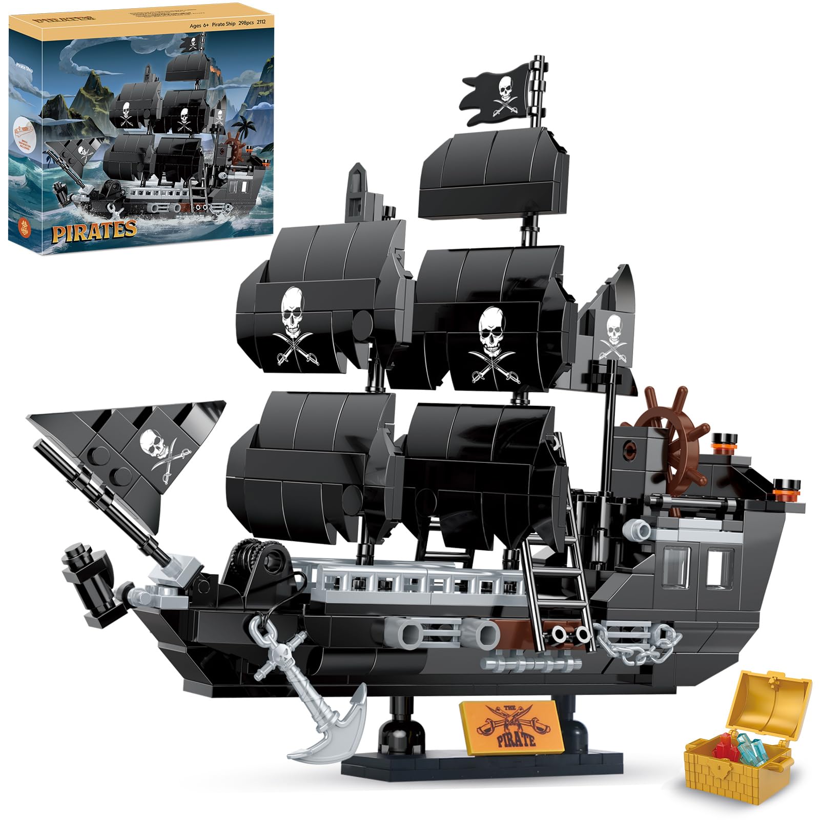 BRICK STORY 298-Piece Pirate Ship Building Set - Creative Black Ship Model Kit, Pirate Themed Boat Collection Toy for Kids & Adults Ages 6+ - Perfect for Birthday Gifts, STEM Learning & Family Bonding Activities