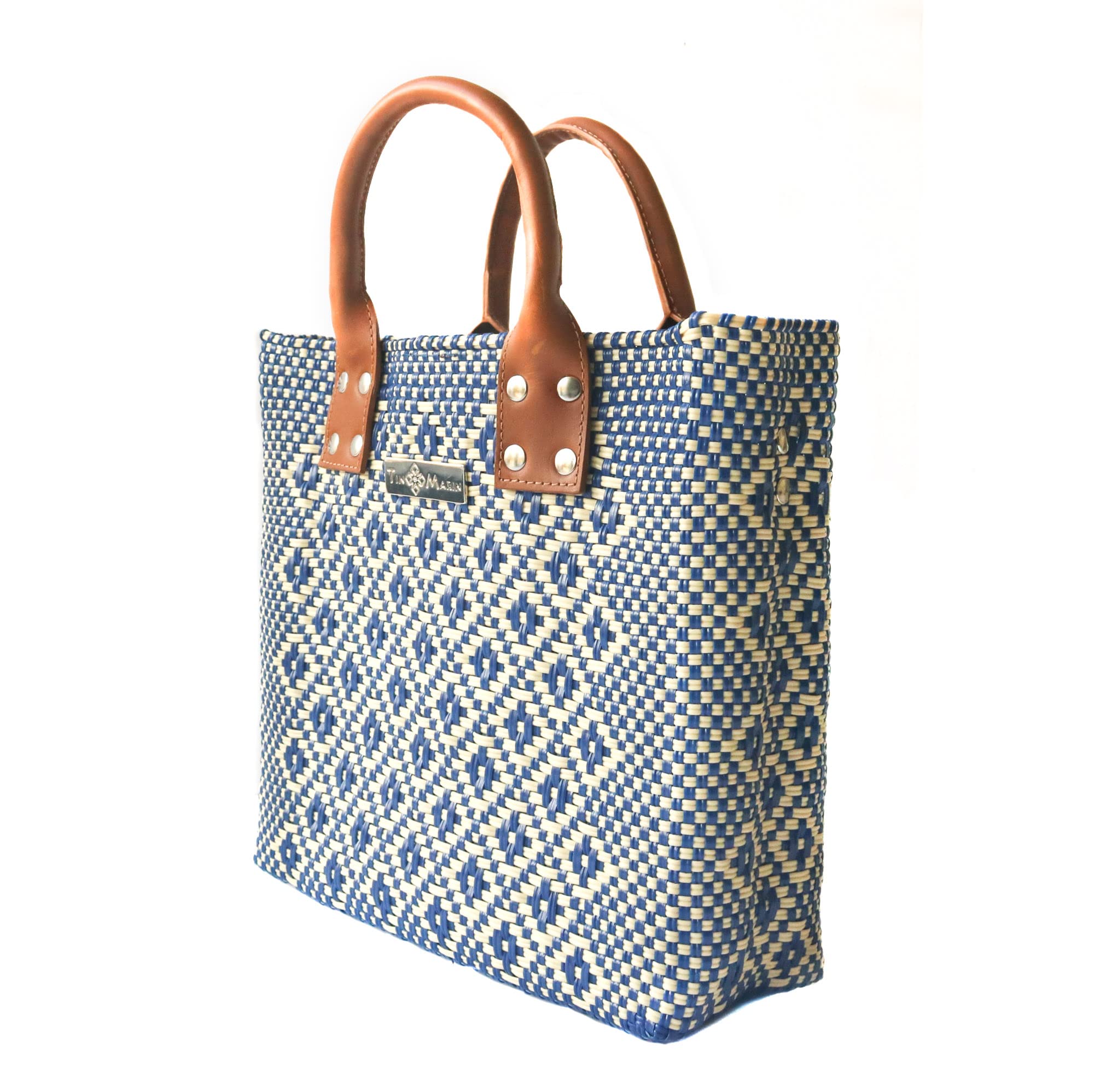 Stylish Large Woven Crossbody Bag with Tan Leather Handles - Eco-Friendly Recycled Plastic Handwoven Purse from Oaxaca Mexico - Perfect Summer Tote, Work Bag & Everyday Purse for Women - Ideal for Office, Travel & Casual Outings
