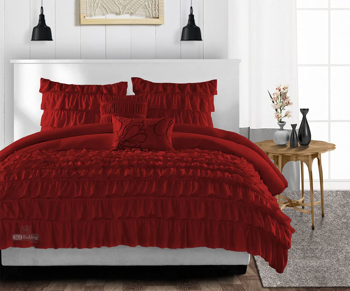 Luxury SGI California King Comforter Set - 300 GSM Plush Siliconized Microfiber Fill with 1000 TC Egyptian Cotton Shell, Multi Ruffle Burgundy Design, Includes Duvet Insert & Pillowcases | Ultra Soft & Fluffy for Master Bedroom, Guest Room, Hotel Style Bedding