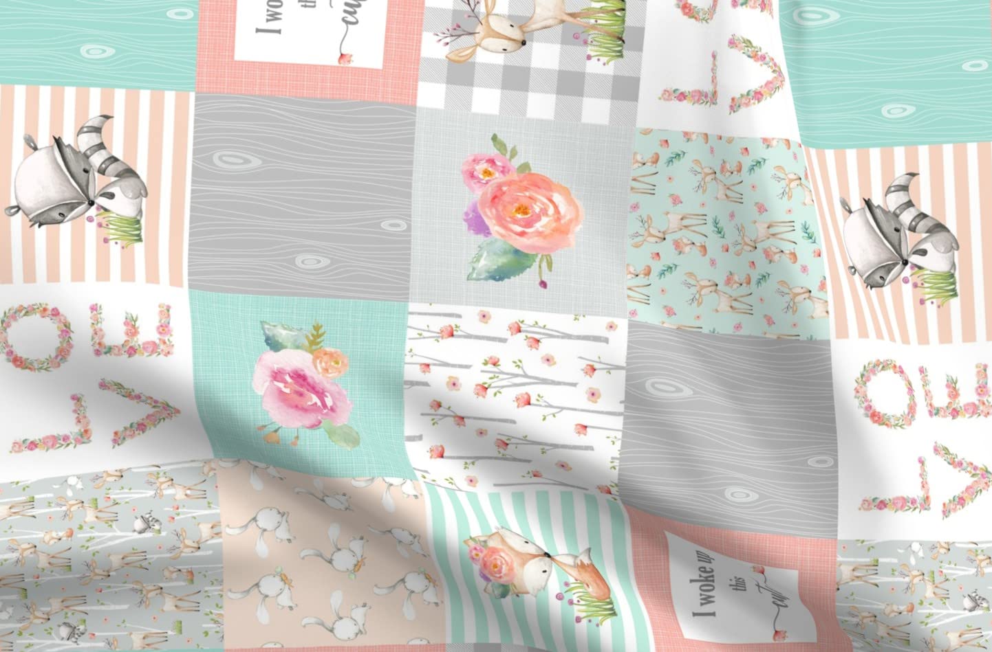 Woodland Animals Printed Minky Fabric by The Yard - Deer Fox Raccoon Patchwork Quilt Top for Baby Blankets & Sewing Projects - Soft Plush Backing for DIY Quilting, Nursery Decor & Cozy Home Textiles
