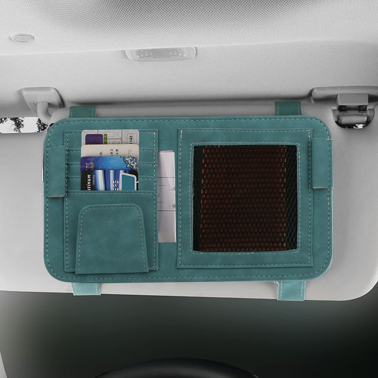 Premium Car Sun Visor Organizer with Sunglass Holder - Suede Leather Auto Visor Pocket for Bills & Small Items - Car Interior Storage Accessories with Net Pocket - Perfect for Road Trips & Daily Commutes