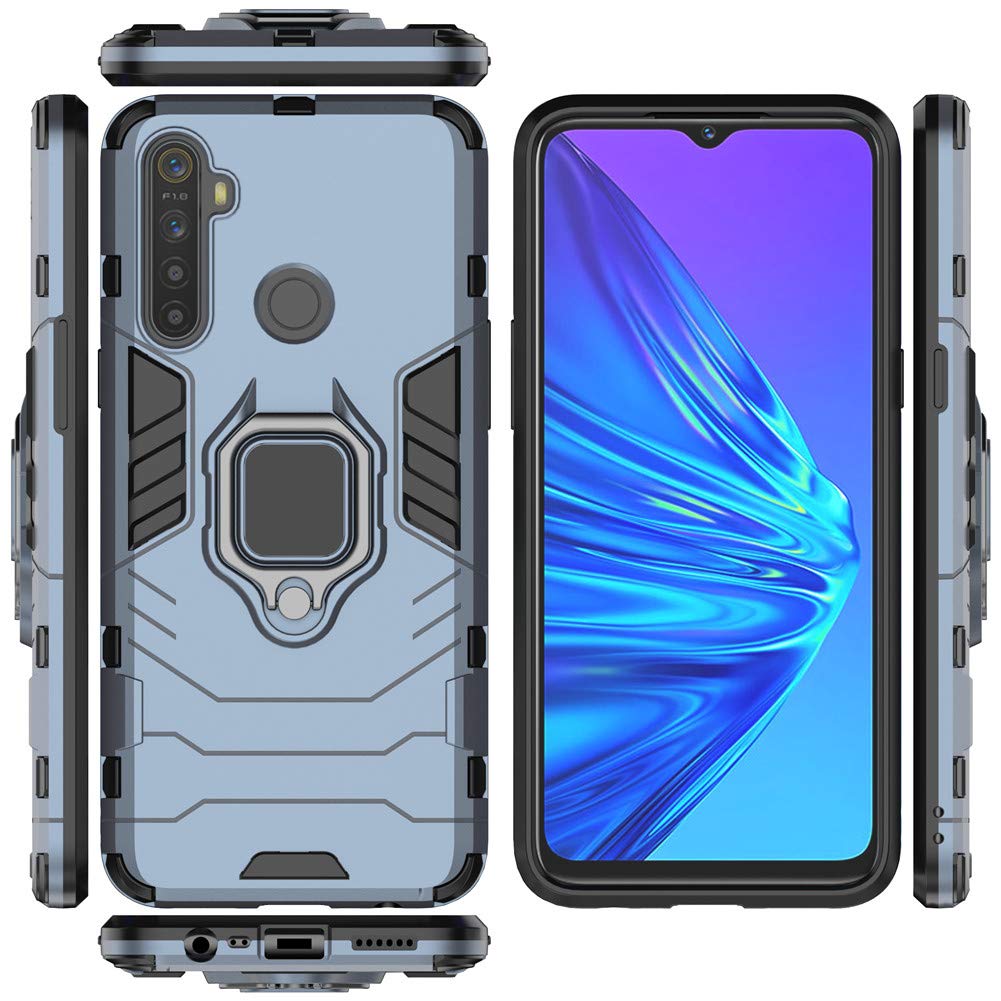 **LuluMain Shockproof Rugged Case for Oppo Realme 5/5i - Hard Bumper with Metal Ring Grip & Kickstand | Compatible with Magnetic Car Mount | Navy Blue | Perfect for Outdoor, Travel & Daily Protection**