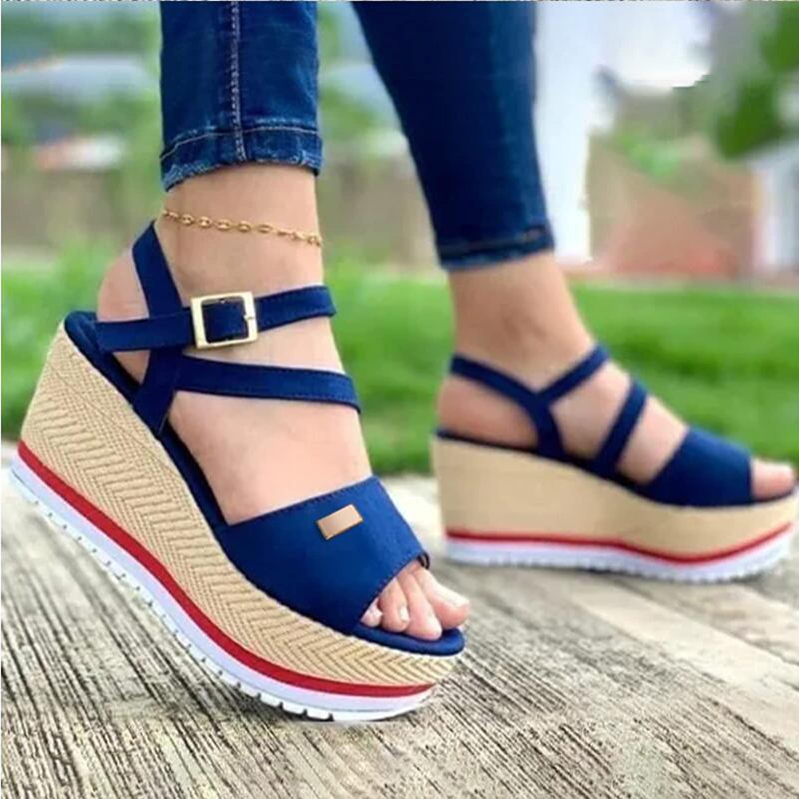 SHAWUSHE Women's Summer Wedge Espadrilles Sandals with Ankle Strap & Buckle - Platform Open Toe Beach Sandals for Casual Outings, Vacations and Poolside Relaxation