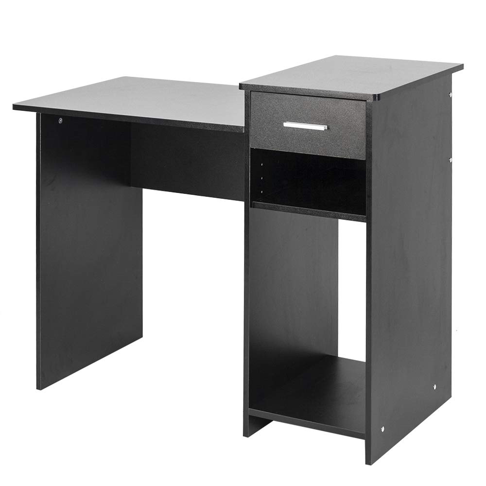 Ergonomic Wooden Computer Desk with Drawer & Storage Shelf - Sturdy PC Study Writing Table Workstation for Home Office, Gaming Setup & Remote Work