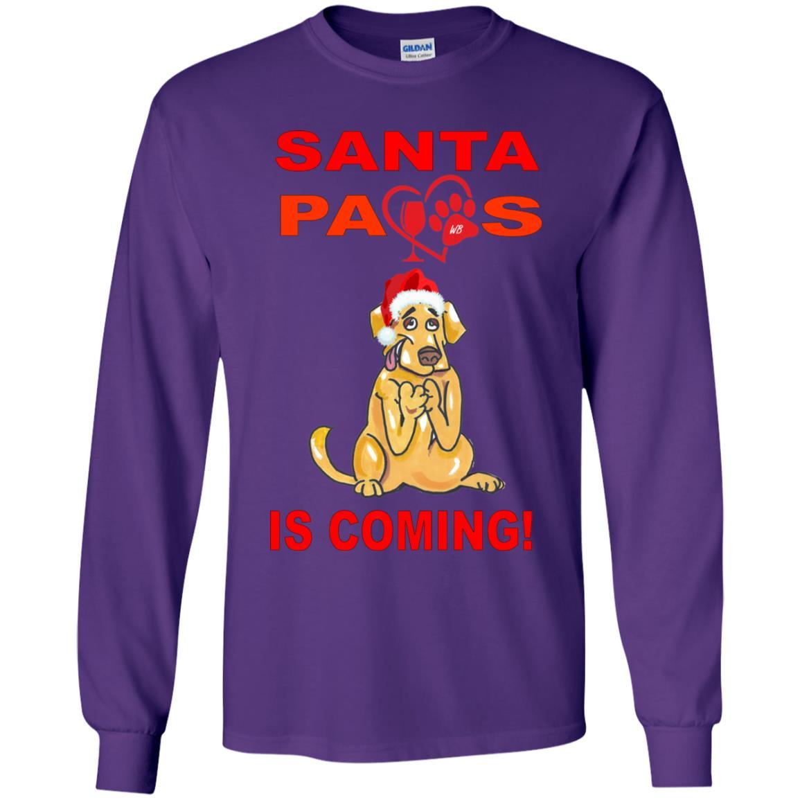 Santa Paws Is Coming Youth Long Sleeve T-Shirt | Cute Christmas Dog Lover Tee | Holiday Family Matching Outfits & Pet Photo Shoots