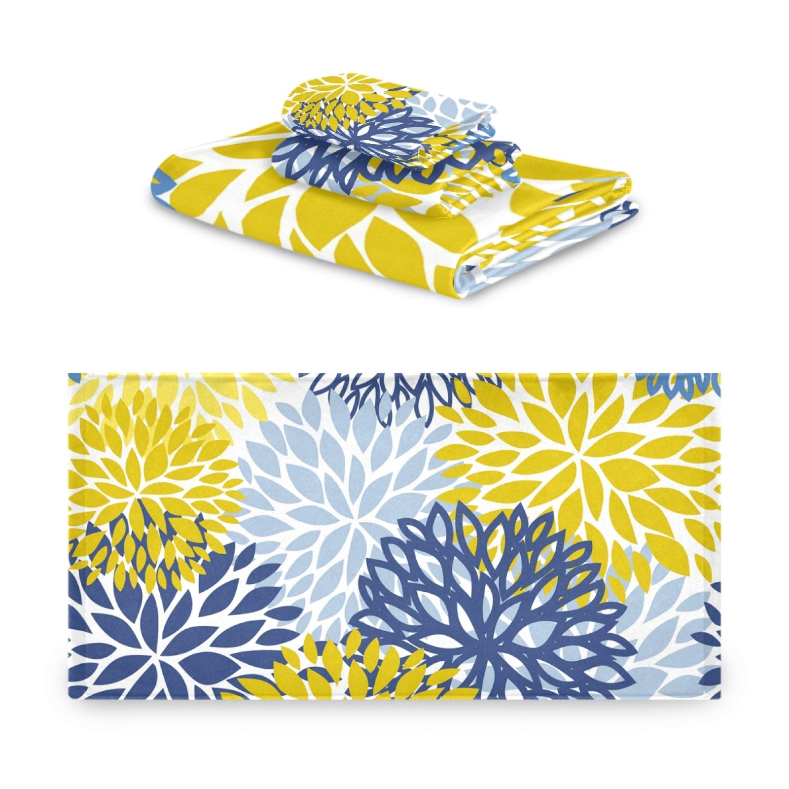 Premium Blue Yellow Navy Chrysanthemum Flower Bath Towel Set - 1 Bath Towel, 1 Hand Towel, 1 Washcloth - Soft Absorbent Cotton Towels for Bathroom, Kitchen & Spa Decor - Perfect for Home, Hotel & Gift Giving