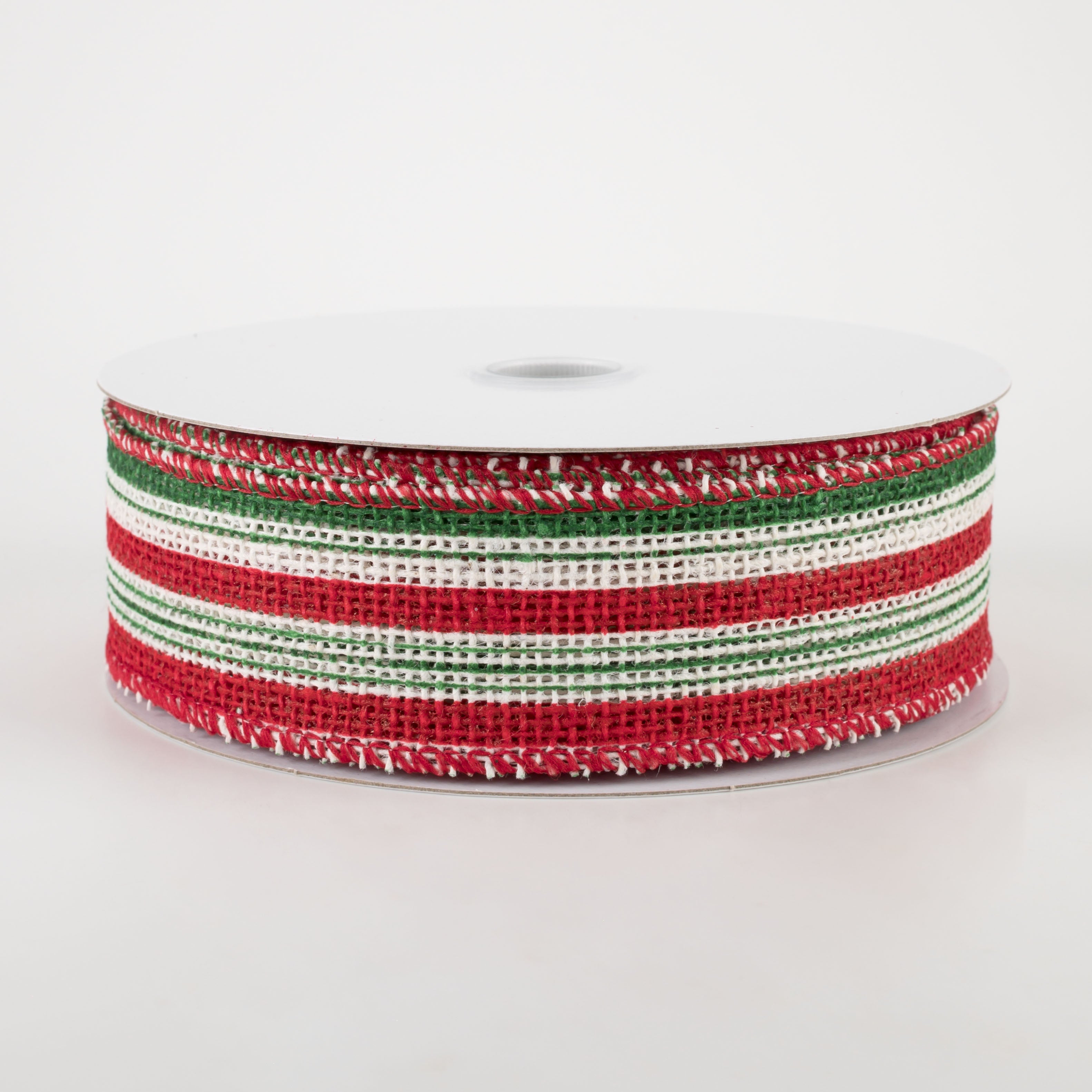 1.5 Inch Burlap Vertical Stripe Ribbon - Green, Red & White (10 Yards) for Gift Wrapping, Wedding Decor, DIY Crafts & Party Favors