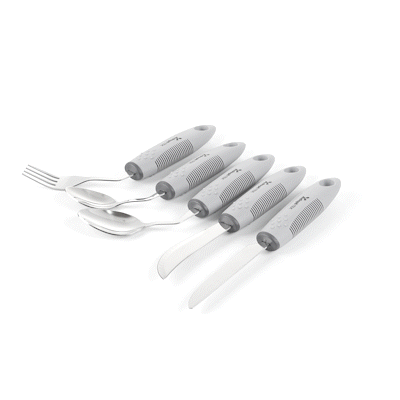Adapt Tek Gray Stainless Steel 5-Piece Adaptive Offset Utensil Set for Left-Handed Users - Lightweight, Non-Slip Grip, Ergonomic Design - Perfect for Arthritis, Limited Mobility & Kitchen Accessibility (1 Count Box)