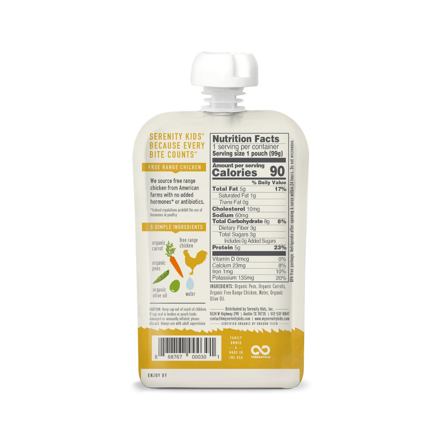 Organic Chicken & Veggie Baby Food Pouches for 6+ Months - Serenity Kids 3.5oz BPA-Free Puree with Free Range Chicken, Peas & Carrots - Ethically Sourced Meat & Organic Vegetables - 6 Pack - Perfect for On-the-Go Feeding & Healthy Infant Nutrition