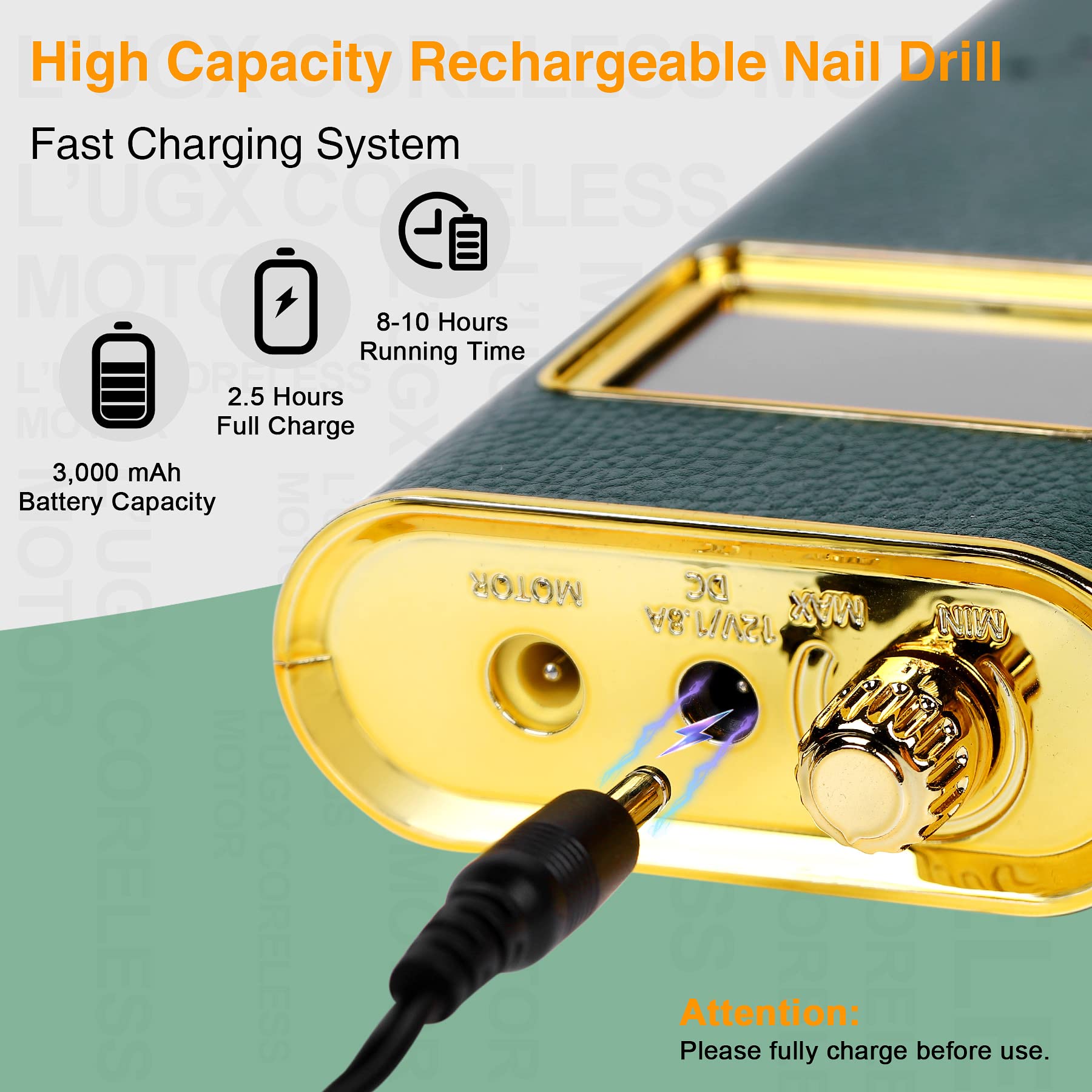 L'UGX Professional 35000RPM Electric Nail Drill Machine - Portable Manicure & Pedicure Kit for Acrylic Gel Nails, Nail Art Polishing & Shaping - Perfect for Home Salon & Nail Care Enthusiasts