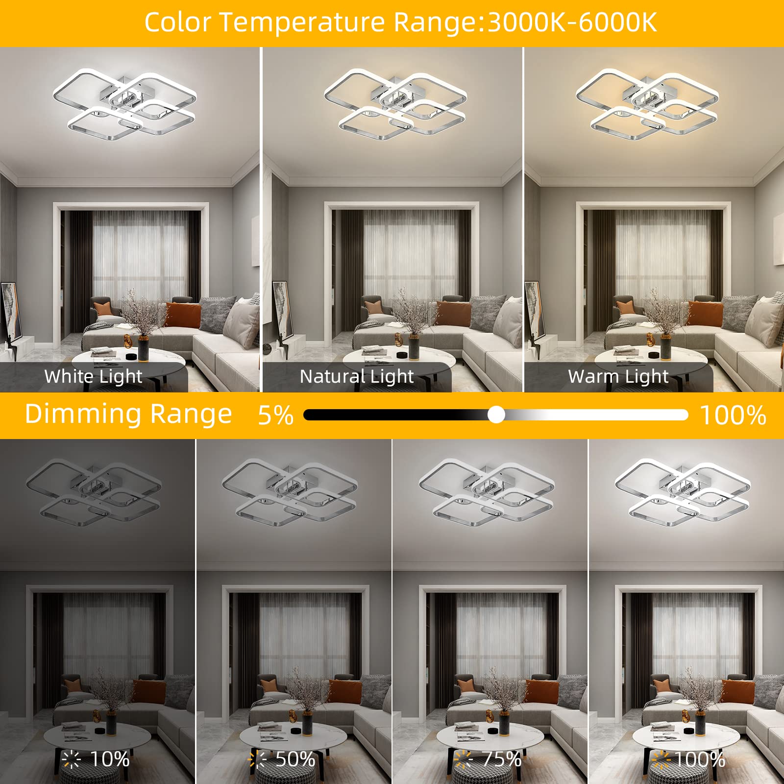 Dimmable Modern 4-Ring Square LED Ceiling Light with Remote Control - 48W Chrome Acrylic Lighting Fixture for Living Room, Dining Room, Kitchen & Office - Perfect for Ambient Lighting and Home Decor