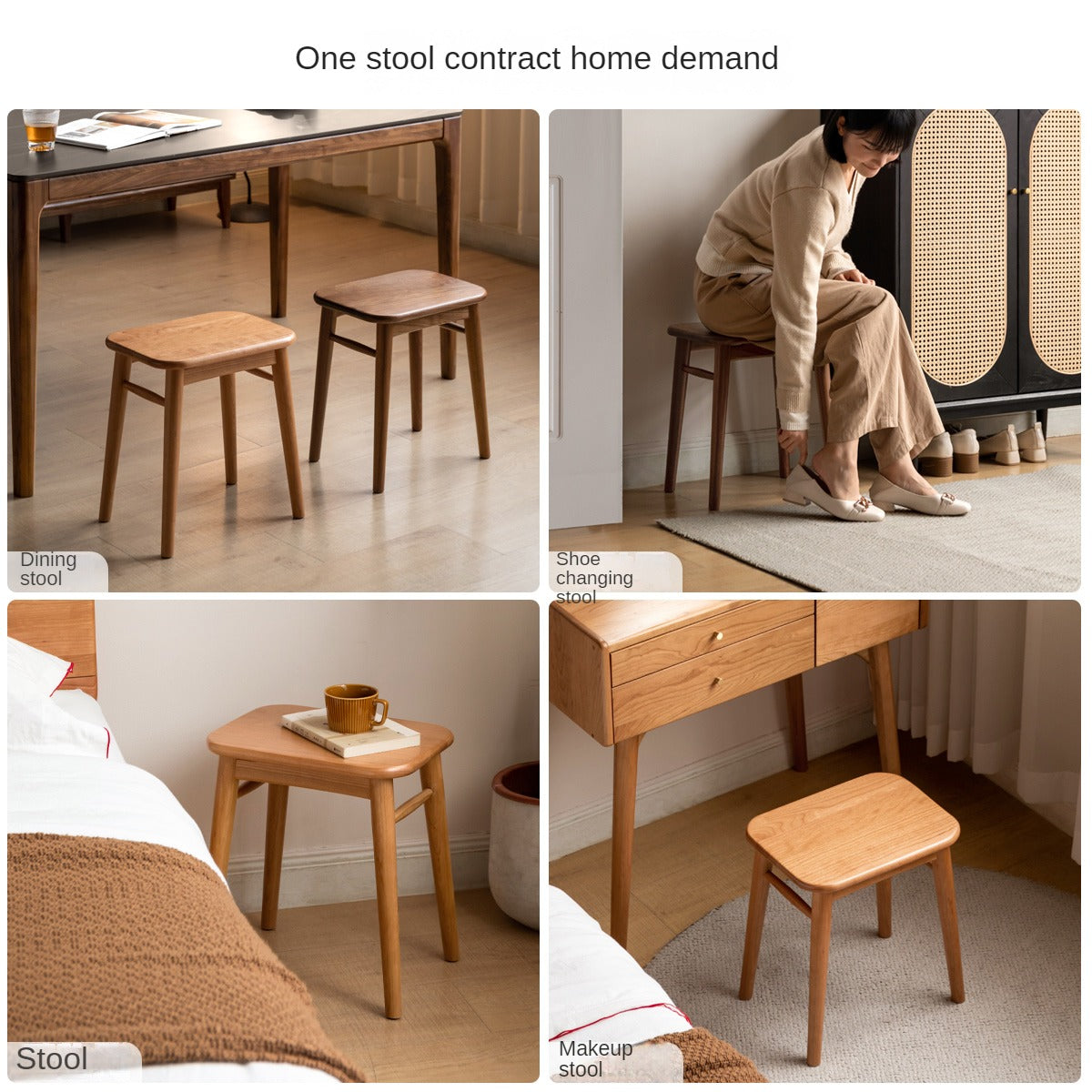 Premium Black Walnut, Cherry & Oak Solid Wood Modern Vanity Stool - Luxury Makeup Seat for Dressing Table, Bedroom & Bathroom