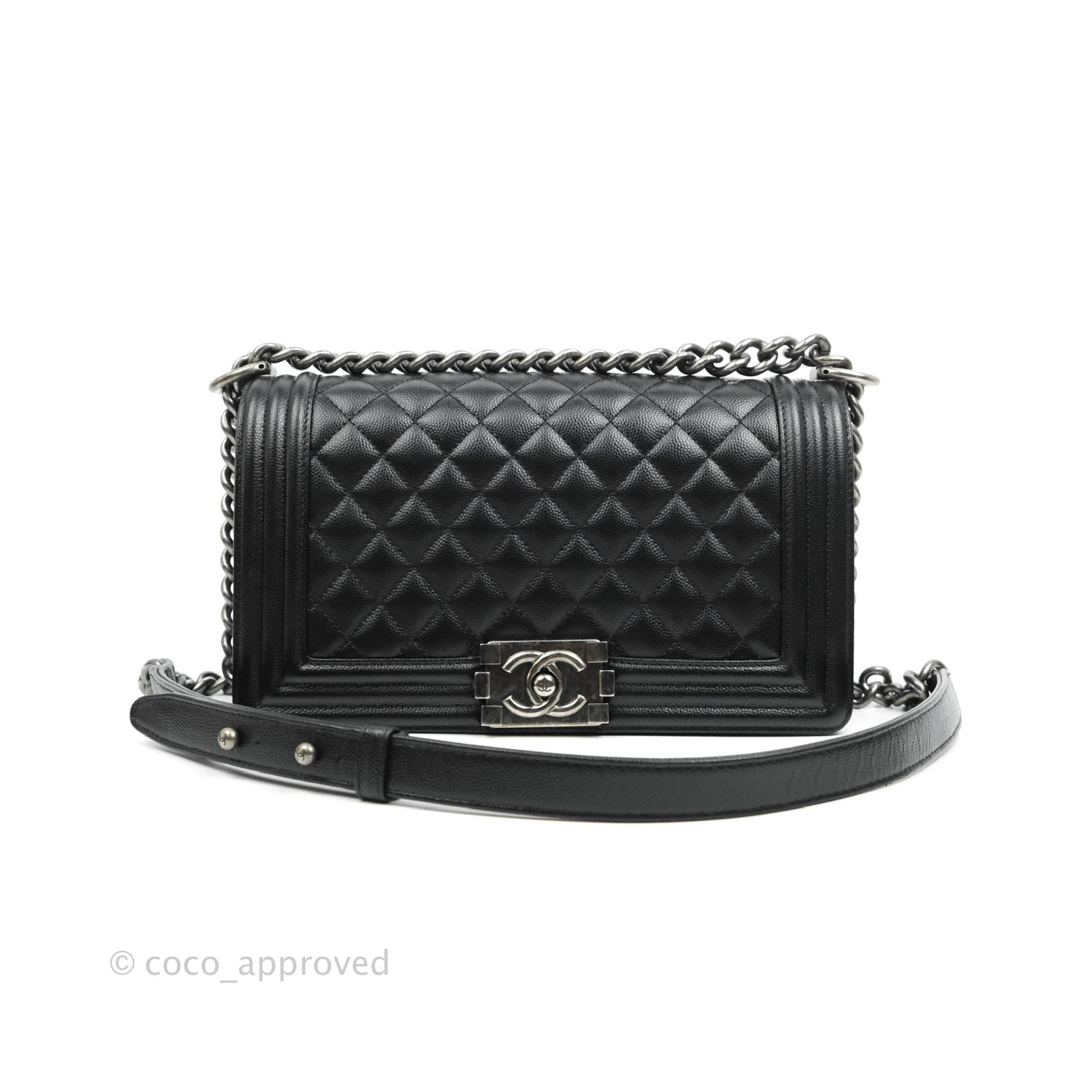 Chanel Boy Quilted Medium Handbag in Black Caviar Leather with Ruthenium Hardware - Perfect for Evening Events, Parties & Luxury Fashion Accessories