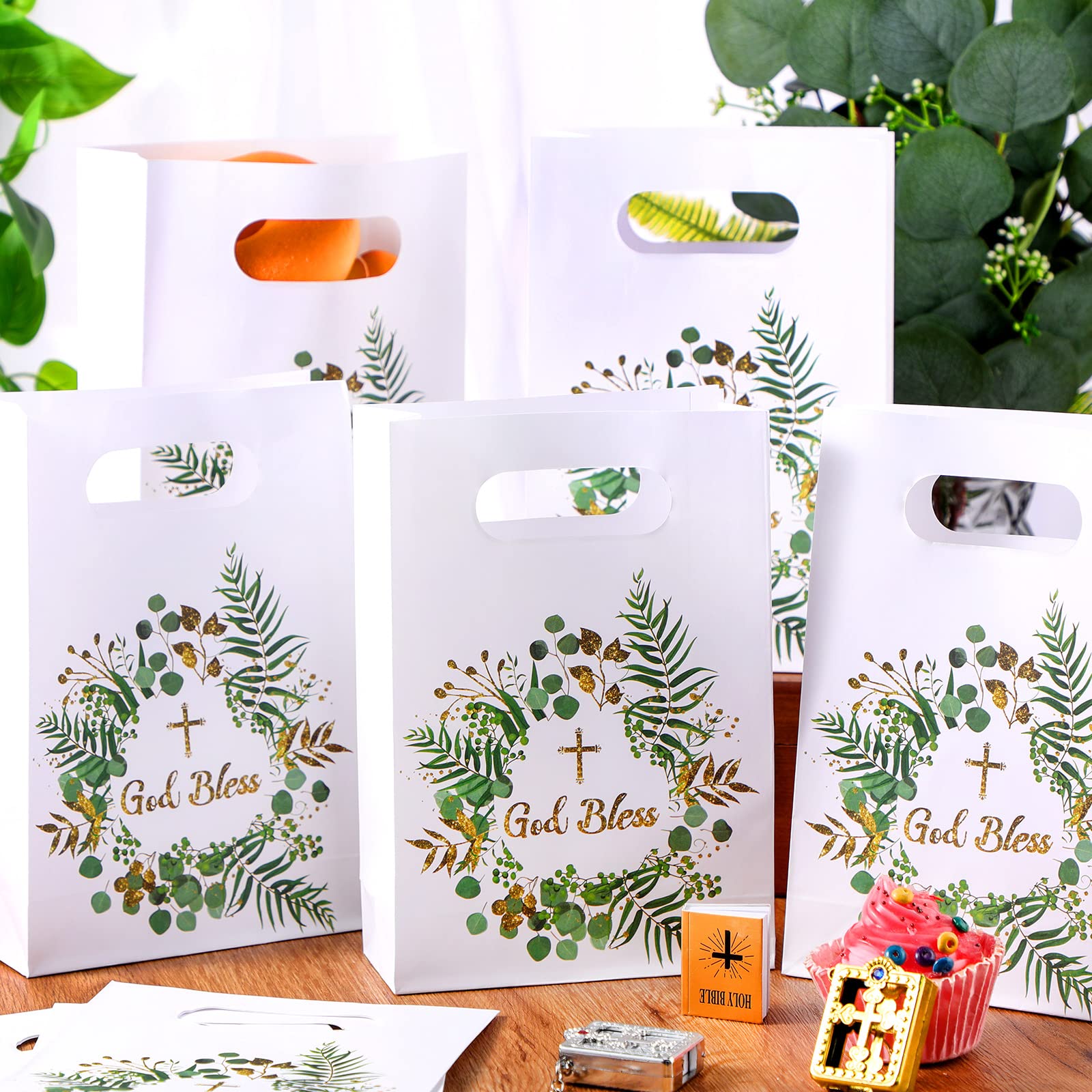 First Communion Gift Bags - 60 Pack Religious Party Favors with Cross Design - God Bless Treat Bags for First Holy Communion, Baptism, Christening & Easter Celebrations - Perfect for Church Events, Sunday School & Religious Gatherings