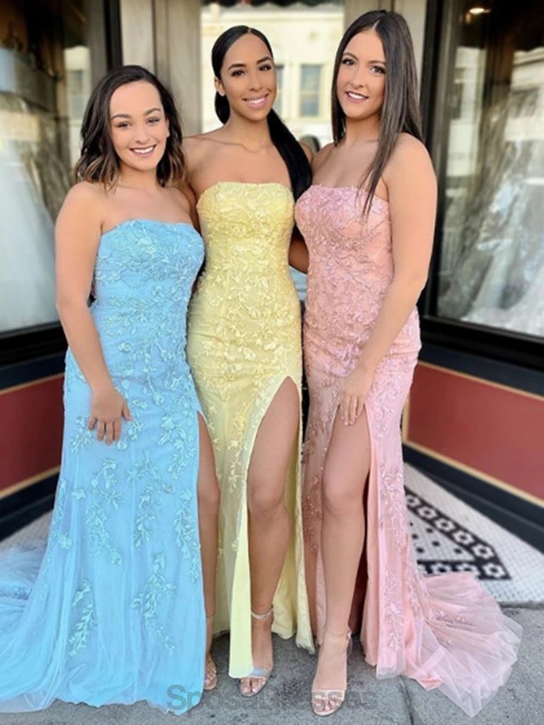 Elegant Lace Mermaid Strapless Side Slit Evening Prom Dress - Formal Gown for Homecoming, Wedding, Party | Style 12140