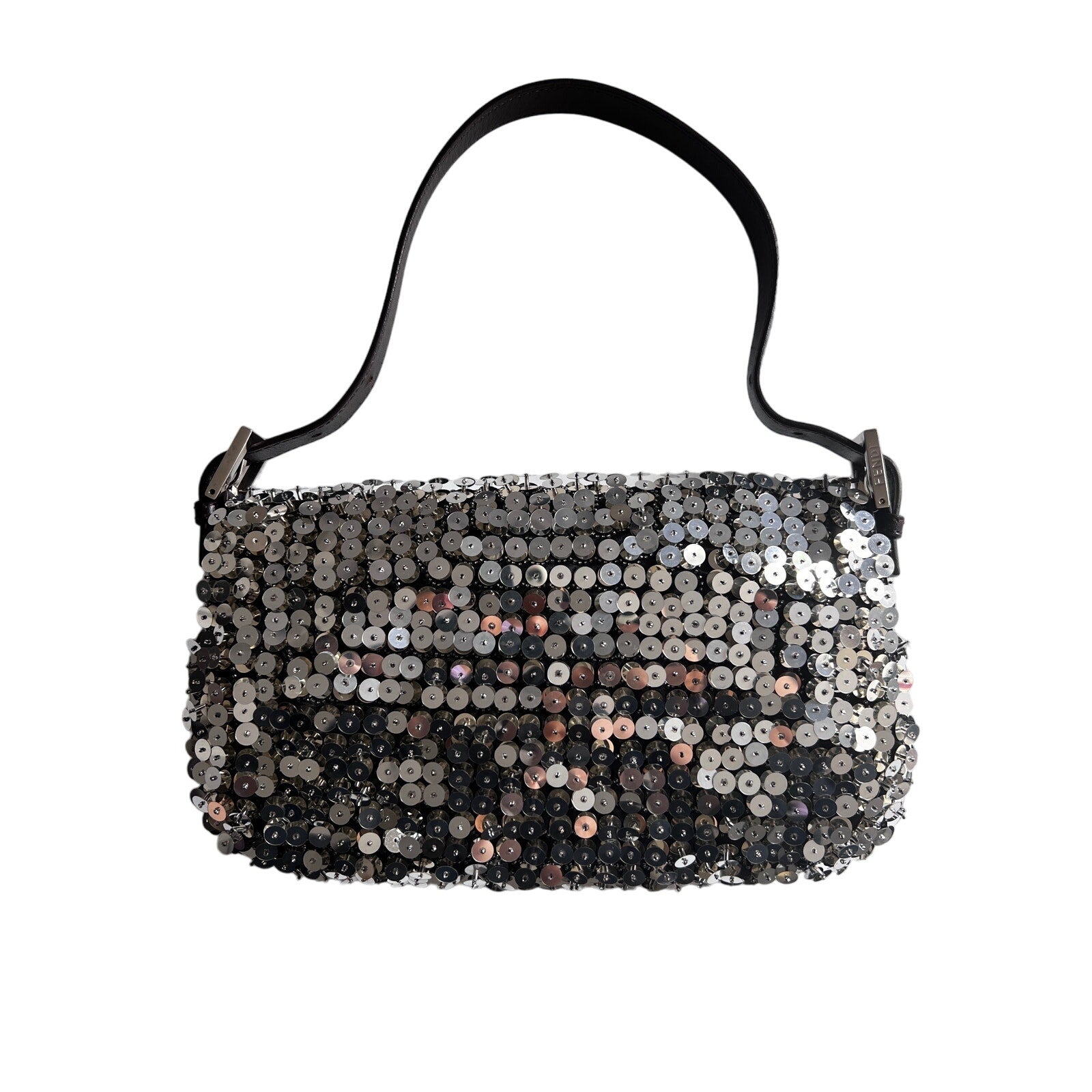 Fendi 3D Silver Sequin Baguette Bag - Luxury Designer Shoulder Purse for Women | Perfect for Parties, Weddings & Evening Events