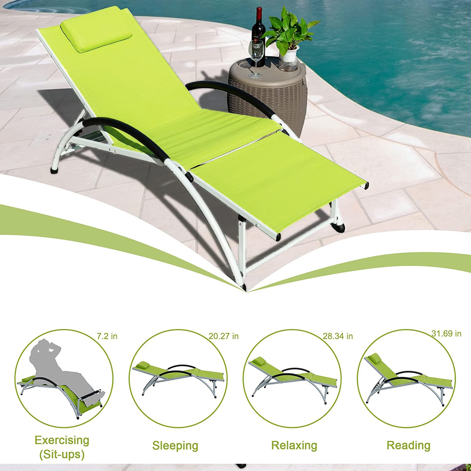 Sundale Outdoor Adjustable Patio Chaise Lounge Set of 2 - 6-Position Reclining Chairs for All-Weather Indoor/Outdoor Use - Perfect for Reading, Meditation, Sleeping & Exercising - Green Patio Furniture for Backyard, Poolside & Garden Relaxation