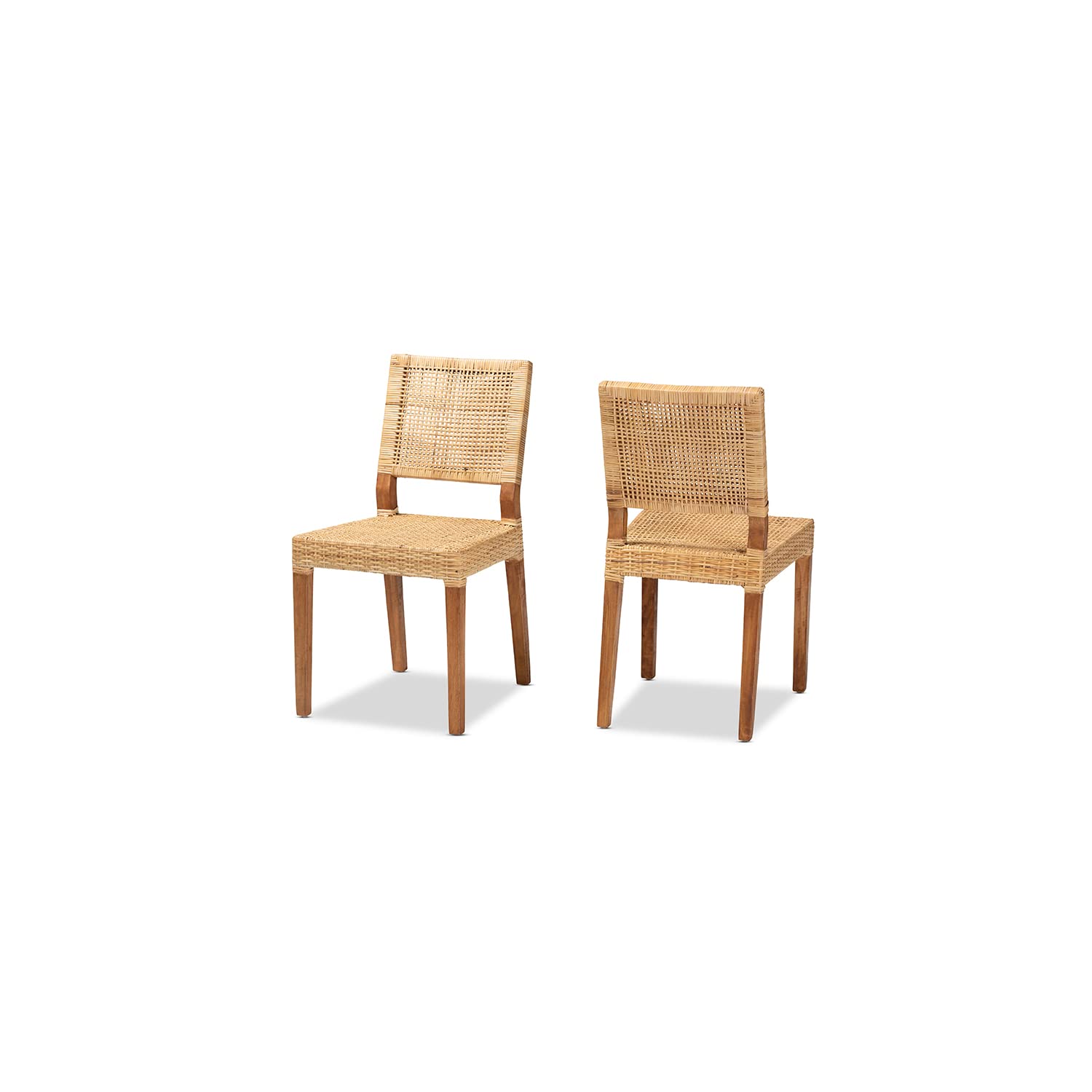 Baxton Studio Lesia Modern Bohemian Rattan Dining Chairs - Set of 2 Natural Brown Woven Rattan with Walnut Wood Frame - Perfect for Boho Kitchen, Breakfast Nook & Outdoor Patio Dining