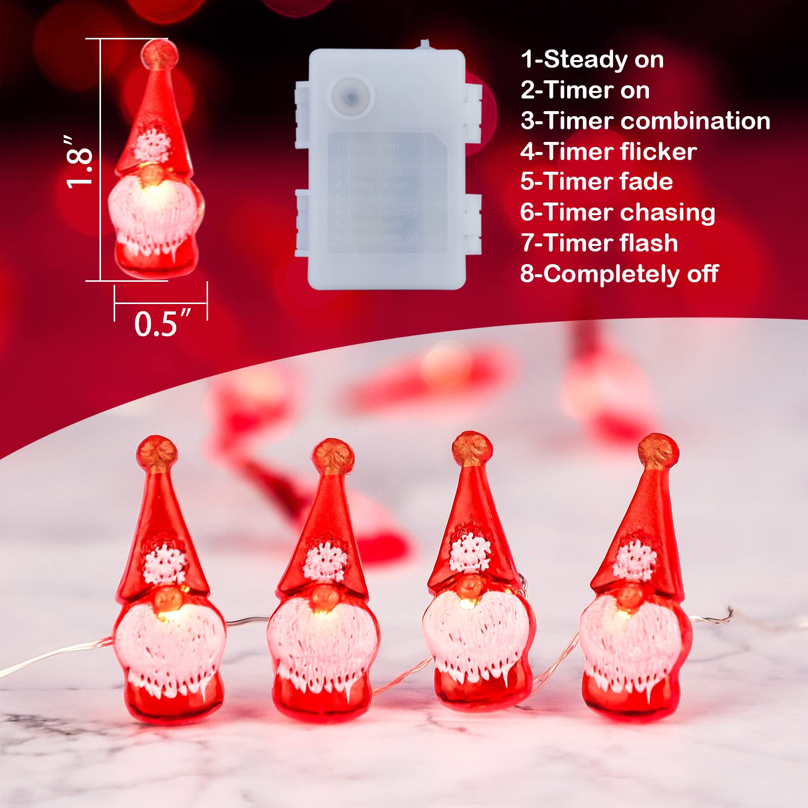 10ft 30 LED Red Gnome Christmas String Lights - Battery & USB Powered with Remote Control | Twinkle Fairy Lights for Home Decor, Party, Tree, Window & Outdoor Holiday Decoration